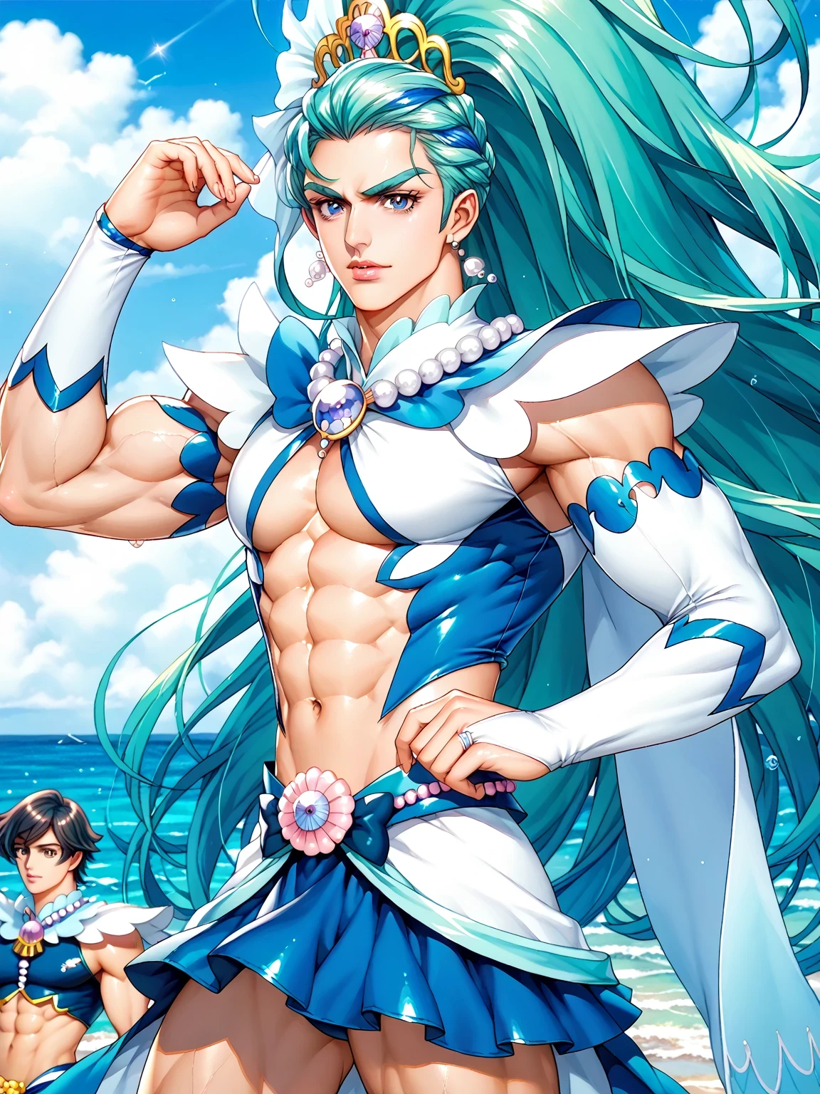 score 9 , score 8 up, score 7 up, source anime, masterpiece, Best quality, Best resolution, best image quality, anime coloring, anime screenshot, anime screencap, 1man, cure mermaid is a male, cyan haired man, 美しい天の魔道士, seashell, pearl, jewelry, hair ornament, sea warrior, aqua aura, heavenly aura, sea aura, solo, long cyan hair man, high ponytail hair, multicolored hair, two tone hair, streaked hair, gradient hair, purple bangs, braided bangs, eyelashes, thick eyebrows, hair flip, juicy lips, shell crown, zodiac boy knight, shell hair ornament, muscular and strong, sparking magical man, royal elegant pose, flexible pose, anime man is wearing a royal blue crop top dress, anime man is wearing a Belly button outfit, anime prince, strong muscles, white arm warmers, white gloves, white knee boots, white detached sleeves, white high heels, white heel boots, royal blue bikini dress, crop top dress with an royal blue, cure mermaid outfit, bikini dress top with an royal blue, royal blue mini skirt, bikini dress top with an triangle, royal blue flared skirt, layered skirt, white shoulder pads, white collar, A magical water aura around him, 男性的で筋肉質, chunky muscles, Portrait of a Zodiac man Knight, strong man, 魔法の光沢のある肌, latex material outfit, slender waist, beautiful man, 夜間!!, royal blue latex, cobalt blue latex, two tone latex, multicolored latex, cure mermaid outfit, male focus, looking at viewer, solo focus, cowboy shot, bare thighs, tall man, midriff, navel, abs, covered pectoralis major, stomach, covered biceps, covered biceps long head, covered biceps short head, covered triceps, covered triceps medial head, covered triceps lateral head, covered triceps long head, brachioradialis, covered trapezius, deltoids, anterior deltoids, middle deltoids, posterior deltoids, covered gluteus, covered semitendinosus, covered hamstrings, covered adductor magnus muscles, thigh muscles, muscular man, (manly:1.9), (male body:1.9), (manly face:1.9), bulge large penis under outfit,