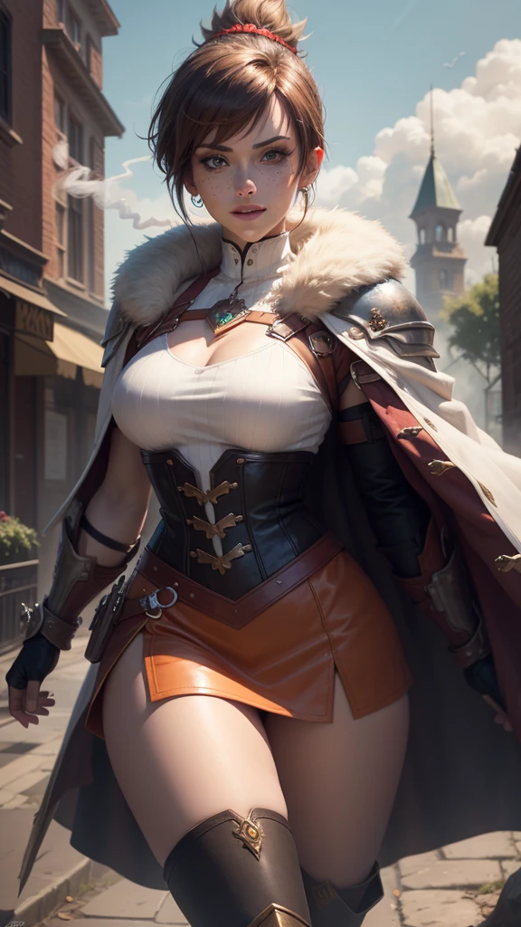 Full body, beautiful brown eyes, blush, cute face, high quality, 8k, high resolution, (1 cute woman, solo: 1.1), gigantic breasts, lips, beautiful background, long brown hair , shiny brown crop top, shiny brown skirt, shiny brown gloves, shiny brown heel boots, naked shoulders