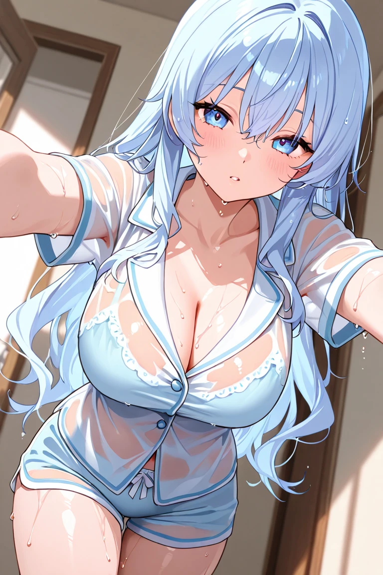 Yukino, Best quality, 4k, in bed, silver hair and blue eyes, white shirt and no bra, big breast, red cheek, lustful face