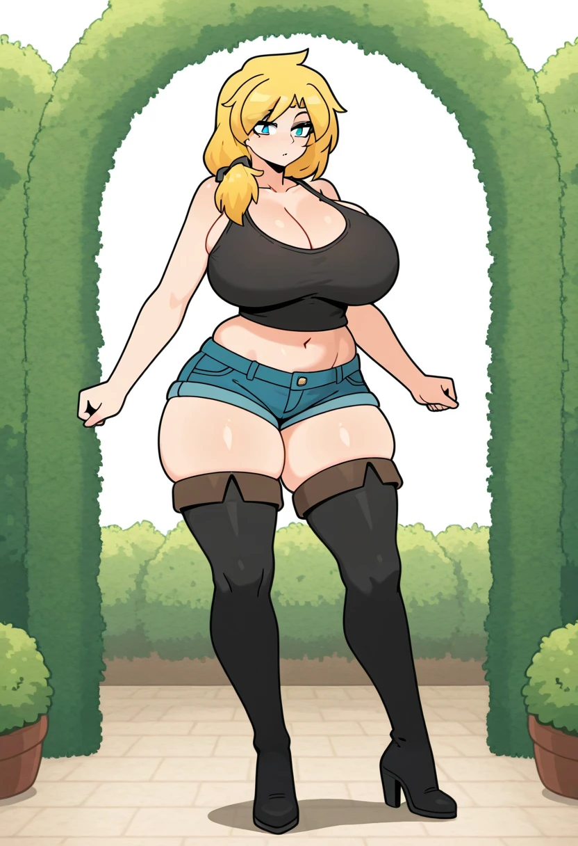 valkyrieClash, orange hair, blue eyes, short hair, crop top, wristband, pelvic curtain, knee boots, gigantic breasts, wide hips