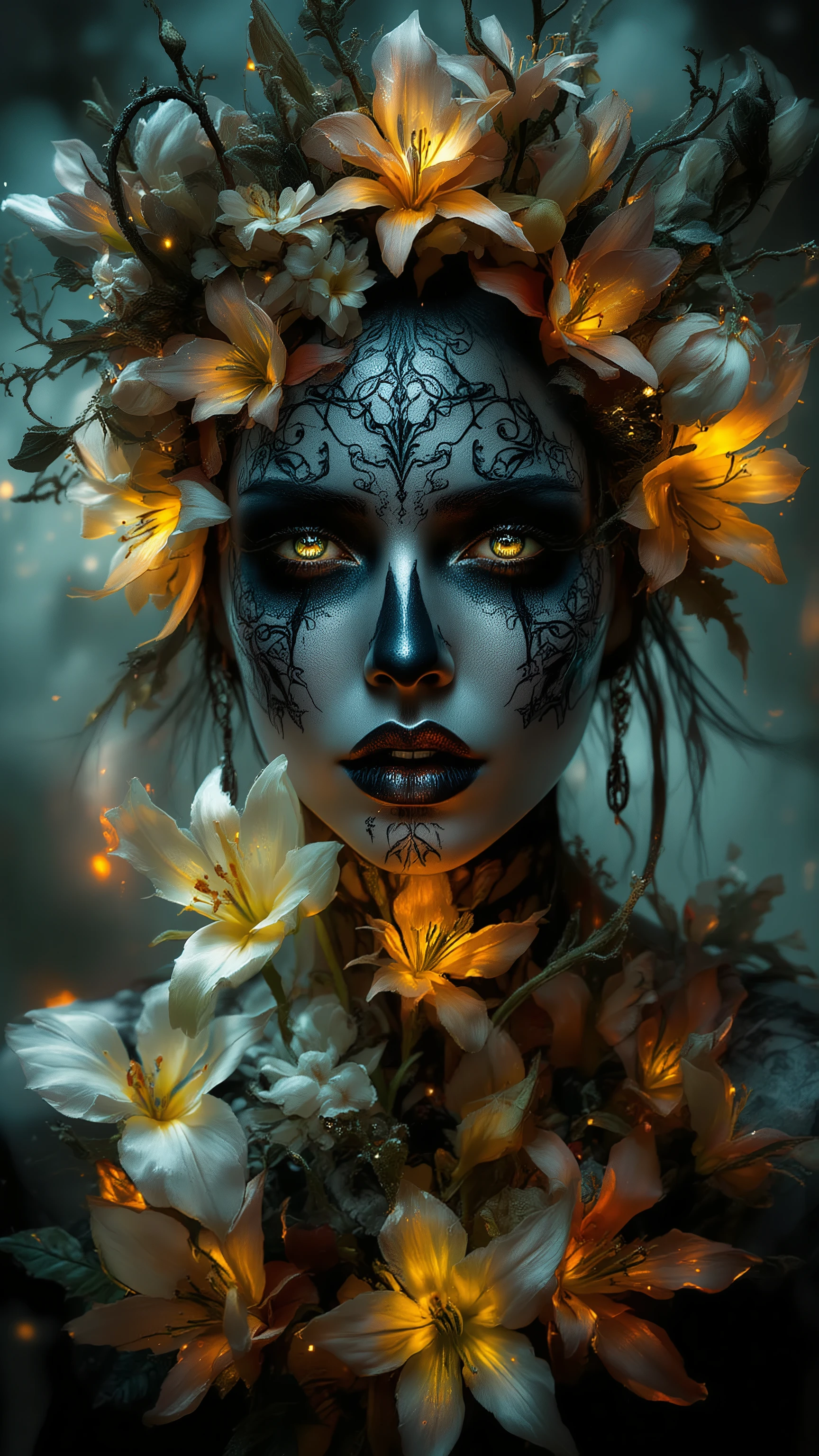 Beneath the murky depths, ecstasy of insects and decayed leaves, full body photo of a lich queen with insects and flowers on hair and neck,
rage, beast, no humanity, fractal art, dark art,
by Josef Albers and james jean, Impromptu dissection was performed under less-than-optimal lighting conditions, masterpiece,
tribal aesthetic, Impromptu dissection was performed under less-than-optimal lighting conditions,
best quality, masterpiece, detailed, intricate detail, photo realistic, highly detailed