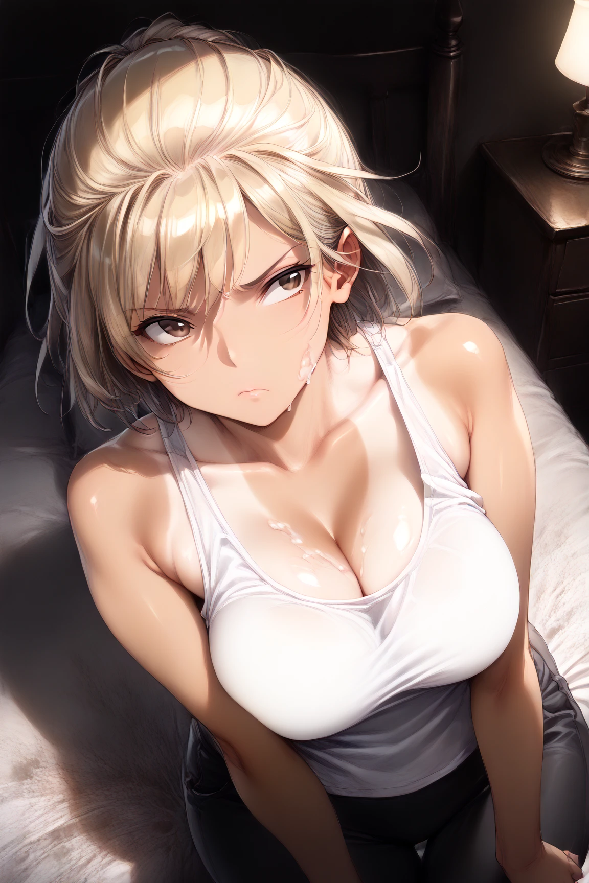 1girl, solo, long hair, looking at viewer, blush, open mouth, blonde hair, large breasts, dress, cleavage, bare shoulders, jewelry, sitting, very long hair, collarbone, yellow eyes, ass, braid, thighs, sweat, horns, sky, choker, dark skin, tongue out, necklace, white dress, hair over one eye, bracelet, dark-skinned female, pillow, single braid, saliva, night, arm support, black choker, revealing clothes, saliva trail, horn ornament,owari \(azur lane\), (mature female:1.4), <lora:owari-v1-nai-8ep-resize:0.65>