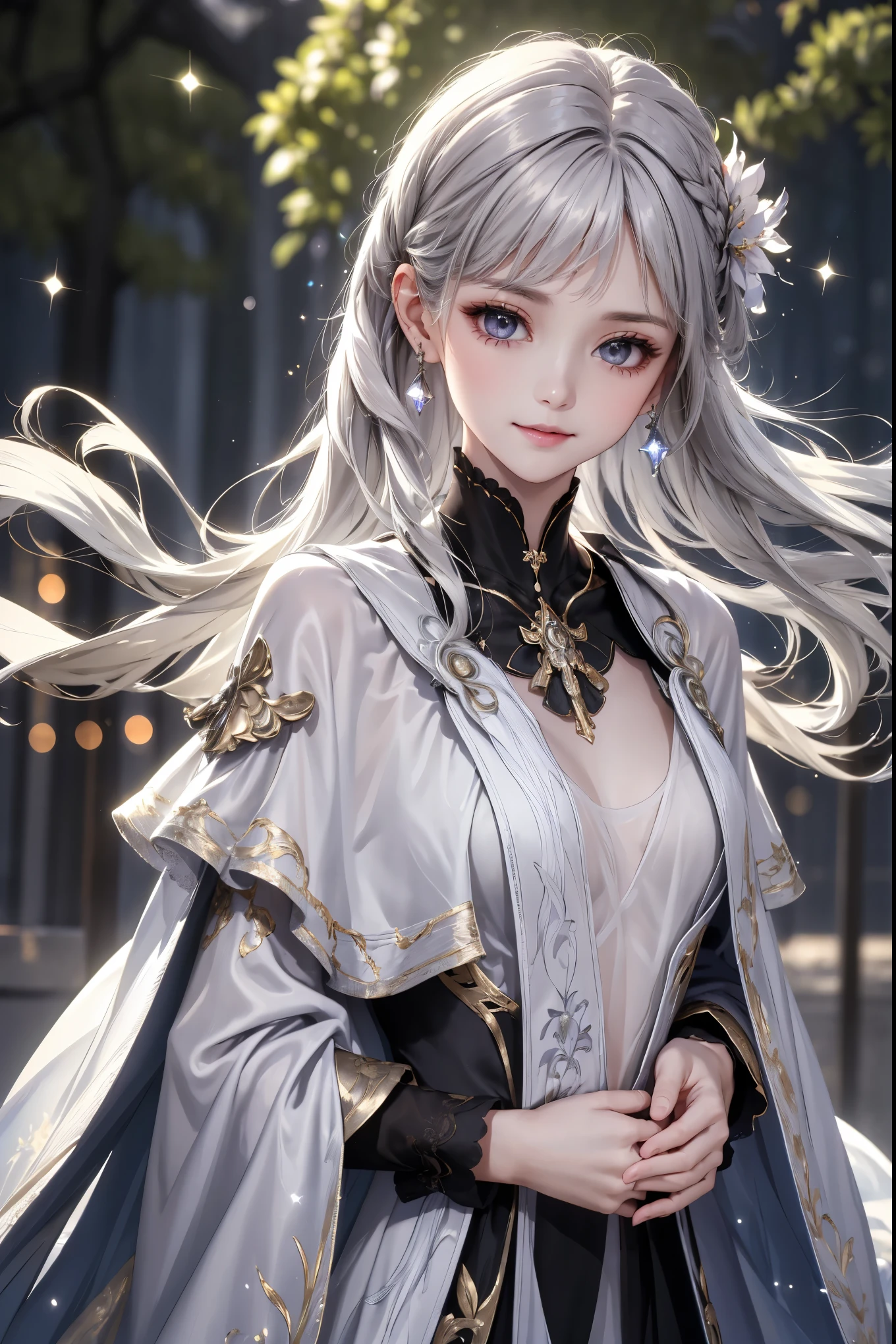 ((upper body:1.3))(masterpiece),(4K),high quality,(small breasts),sexy girl、Sexy Saints , Long Silver Hair ,My skin is white,smile, Beautifully detailed gray eyes, ( high-definition and elegant ),( White Capelet Fashion), magical color and atmosphere, detailed skin from sleeve to chest,(Cute sparkle), Particles of Light, The background is softly blurry , Adds a dramatic and symbolic element to the scene, Explanatory border in front of the large end, Bokeh, silky touch , see-through silk, soft, Lightweight clothing、beautiful and neat face、see-through 、 hyperdetail,creates a dreamy elegant atmosphere