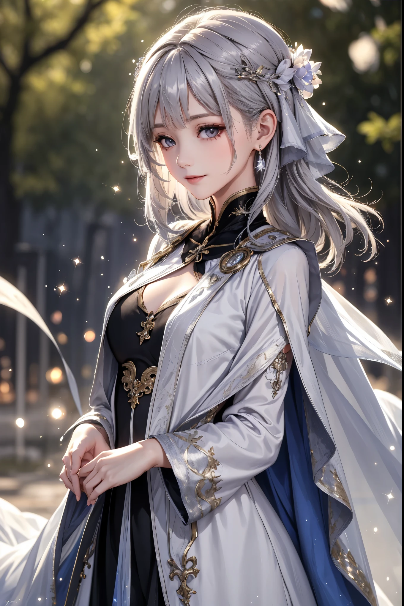 ((upper body:1.3))(masterpiece),(4K),high quality,(small breasts),sexy girl、Sexy Saints , Long Silver Hair ,My skin is white,smile, Beautifully detailed gray eyes, ( high-definition and elegant ),( White Capelet Fashion), magical color and atmosphere, detailed skin from sleeve to chest,(Cute sparkle), Particles of Light, The background is softly blurry , Adds a dramatic and symbolic element to the scene, Explanatory border in front of the large end, Bokeh, silky touch , see-through silk, soft, Lightweight clothing、beautiful and neat face、see-through 、 hyperdetail,creates a dreamy elegant atmosphere