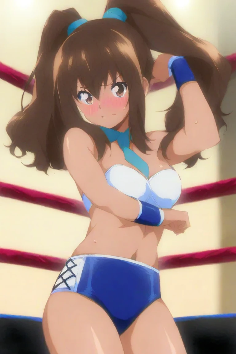cowboy shot, upper body view, anime style: 1.8, anime drawing, ultra detailed face, ultra detailed body, 4k, Sumergai Lee Noriega, (lying on ground), best quality, anime style, hires, highest definition, digital blending, bold drawing lines, ((slender body, (female wrestler)), (location: wrestling arena, crowds watching), (strong, tall, broad shoulders, , biceps, thighs), ((white micro bikini, shorts, groin, white boots, don't show hands, collar)), victorious, winner, smile, , (big breasts), (big eyes, brown eyes), (warming up), (brown hair, loose hair, curly hair, wavy hair, long hair, missy hair), 27 years old, (show both armpits, closed fists)