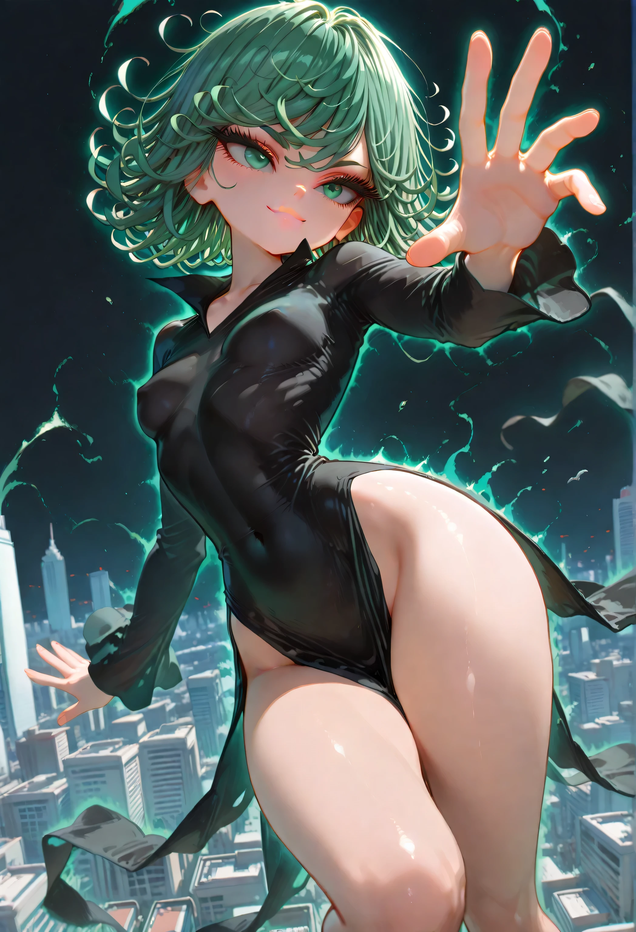 ((1girl)),((alone)), tatsumaki,(masterpiece), (best quality), (ultra detailed), (best illustration), (best shadow), (absurdities), sharp focus, cowboy shot, dynamic posture to the viewer, small breasts, narrow waist, wide hips, horrible thighs, round butt, naked, erotic, romantic, (very detailed eyes, lips 1.1), very detailed eyes, eyes, Very detailed face, Very beautiful face, height full, beautiful slim figure, femininity, expressive appearance, elastic small breasts, increased sexuality, serious look, angry, green eyes, green hair, arms crossed, black dress, long sleeves, bare legs, clouds, defined body, perfect and beautiful body , perfect and beautiful, White micro panties inserted in the crotch. closed mouth, serious expression, (sexy pose: 1.2), ((solo)), standing: 1.3, outside, futuristic cityscape, rainy city, streets, city lights, night, neon lights, looking forward ( (focus on hips), point of view (from below), red blush, perfect anatomy, perfect hands,