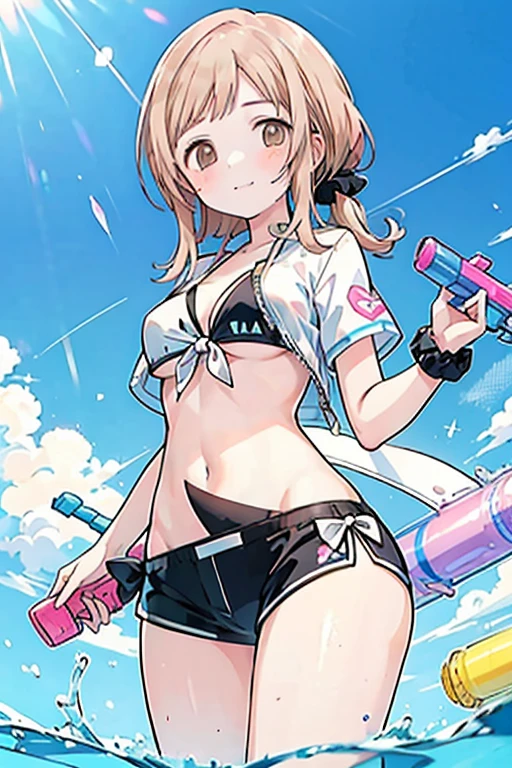 (Perfect body),Best Quality,(8K Portrait),(Official art)、((NSFW))、((((Lori))))、((((Short stature))))、embarrassed from、1girl in,((((:D))))、((Wavy mouth))、Surprised、One eye is closed、(blush),(Sweat),(((flat chest)))、(thick thighs)、(big butts)、((Pink hair))、((Short hair))、((Wavy Hair))、White Cat Mimi、(Light blue striped bikini)、(Pink tie)、((Feline Pose))、(Cat gloves)、 White knee socks、(yellow  eyes)、Cowboy Shot、the beach、((spreading legs))、Falling