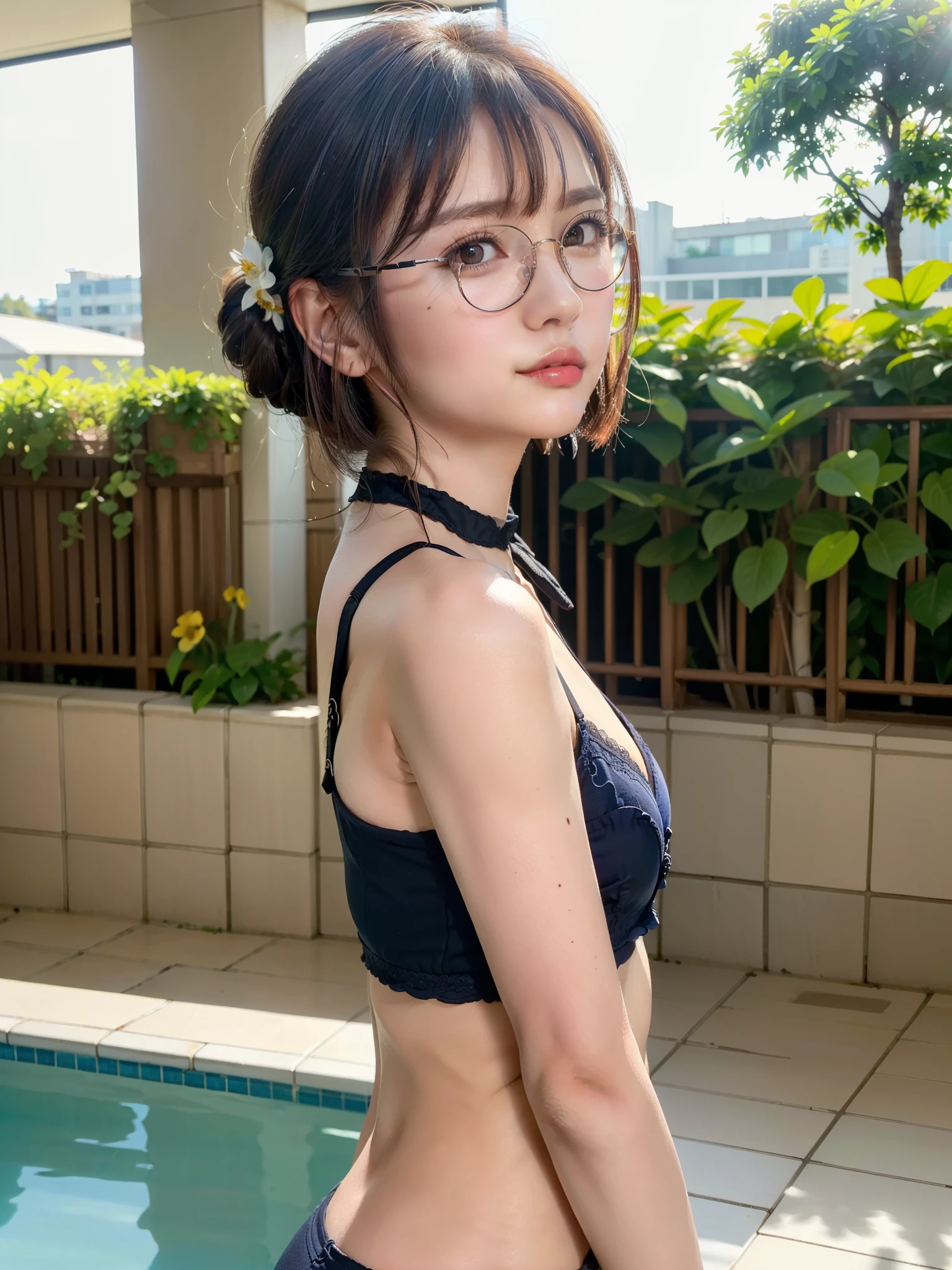 highest quality, RAW Photos, Realistic, face, Incredibly beautiful girl, cute, length Hair,ponytail,Glasses,Written boundary depth, High resolution, Super detailed, detailed, Very detaileded, extremely detaileded eye and face, Sharp pupils, Realistic students, Sharp focus, Cinema Lighting, Japanese, Short Woman, Physical build, Short arms, length, Narrow eyes, Fleeting atmosphere, 30 years old, Brown bob hair, ((thin lips)), White top and bottom underwear, masterpiece, highest quality, Detailed skin, Detailed face, fine grain, 8k, Excellent anatomy, Upper body portrait,flat breasts, small breasts, small,( small bust: 1.2), small bust, (slim, small, flat, small), thin, Delicate and sexy collarbone, One Girl, (beautiful girl, Delicate girl:1.3), (15 years old:1.3),
break, (One Piece Swimwear, Swimwear:1.2),
break, (Pool:1.3),
break, Very beautiful eyes, (Symmetrical eyes:1.3),
break, , Brown eyes, Parted bangs, Brown Hair, (Upper teeth, The best smile:0.2),
break, (Eyes and face detail:1.0),
break, (masterpiece, highest quality, Super detailed, Detailed face, 8k)