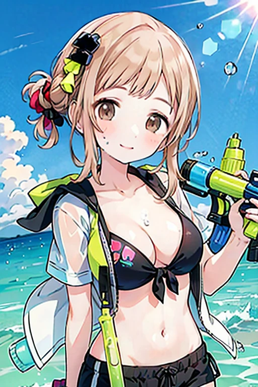 masterpiece,(ultra-detailed),1girl, mysterious heroine xx \(fate\), smile,open mouth, swimsuit, white bikini, side-tie bikini bottom, shrug \(clothing\), jacket,  thigh strap, wristband,  large breasts, ocean, splashing,