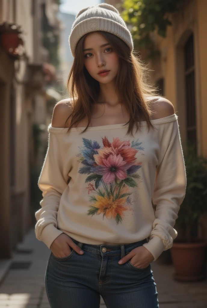 (audra miller:0.8), lady gaga,  edgQuality, naughty smile, standing, posing for a picture, centered, symetric, 
[cartoon, vector art, anime :realistic, real life, hyper realistic:0.5],
edgPO, wearing edgPO pullover, a woman wearing a sweater with a chevron pattern ,autumn setting
denim jeans, Masterpiece, best quality,
<lora:edgPullovers:1>