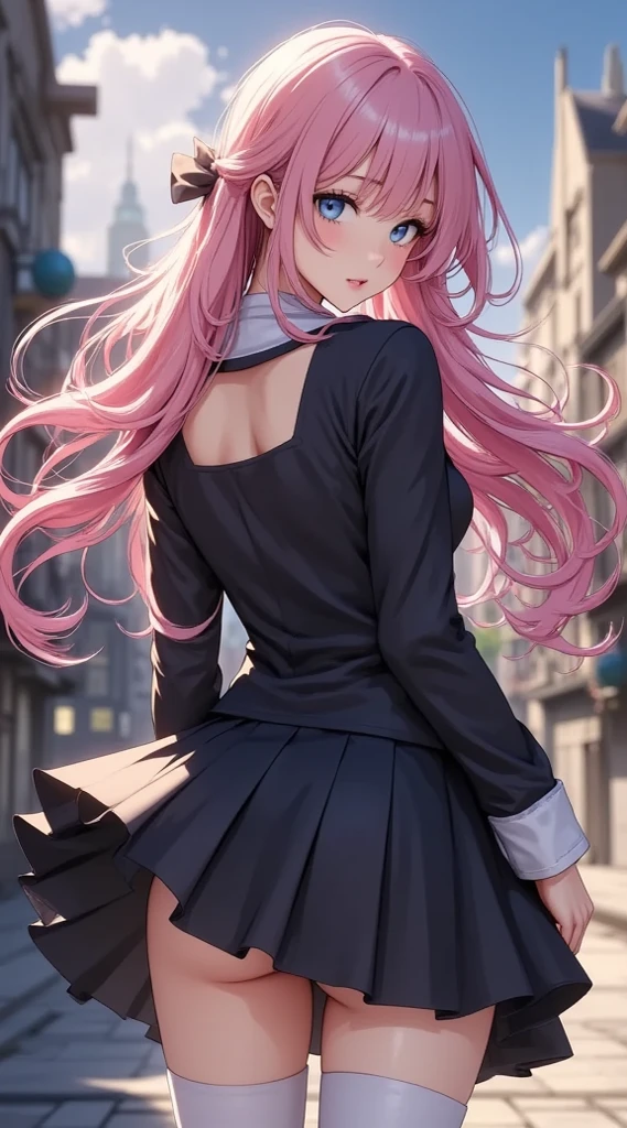 (masterpiece, computer, mejor quality, Clear focus, shadow, ultra high resolution, 8K, anatomía perfecta, Perfect face, (detailed face), (detailed eye), score_9, score_8_above, score_7_above, score_6_above, score_5_above, score_4_above, source_ animated, Label 1, Label2, quality_masterpiece, Anatomically Correct , beautiful face, Perfect face, Beautiful and highly detailed face and eyes, Attractive face , detailed face, Rasgos faciales delicados, bare shoulders, enormes pechos, bra size D or DD, wide hips, gigantic butt, thick thighs. looking at the viewer. fantastic environment. anime-style illustration with an elegant, slim build and pronounced bust, with long hair, wavy and pink, adorned with a black ribbon on the top. , the young woman wears a dark, long-sleeved uniform with white cuffs and white tights.. The perspective is focused from behind, that highlights her figure . As she looks back with a shy but provocative expression, showing her large light blue eyes.