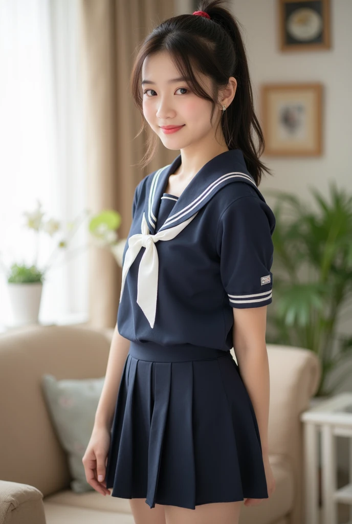 8K, Ultra-high resolution, Highest quality, masterpiece, 三分割法によるphotograph,Surreal, photograph, 1 girl, (16 years old:1.3), pretty girl, Cute face, Beautiful eyes in every detail, 細かくdetailedに,masterpiece,, One Girl:1.2, Japan Female Announcer,whole body、Black Hair、well-groomed eyebrows、Cute Lip Makeup、Calm atmosphere、A short-sleeved shiny dark sailor suit、White sailor collar、Navy blue pleated skirt、Red ribbon、White Stockings、Standing by the window of a classroom、Cute gestures、so beautiful,A carefree smile,Healing the heart,(twin braids),Looking at the audience、beauty,Long neck、Laugh a little、Please close your mouth and laugh、(((Ideal body type))),A-cup small  :2,、Portraiture:2、Perfect 、鮮明なdetailed、detailed、Surreal、Light and shadow,Strong light