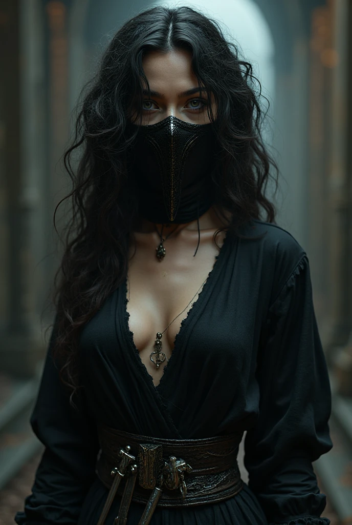 Black monster with the black plague mask, wearing a torn black cape holding silver chains with black liquid dripping from it