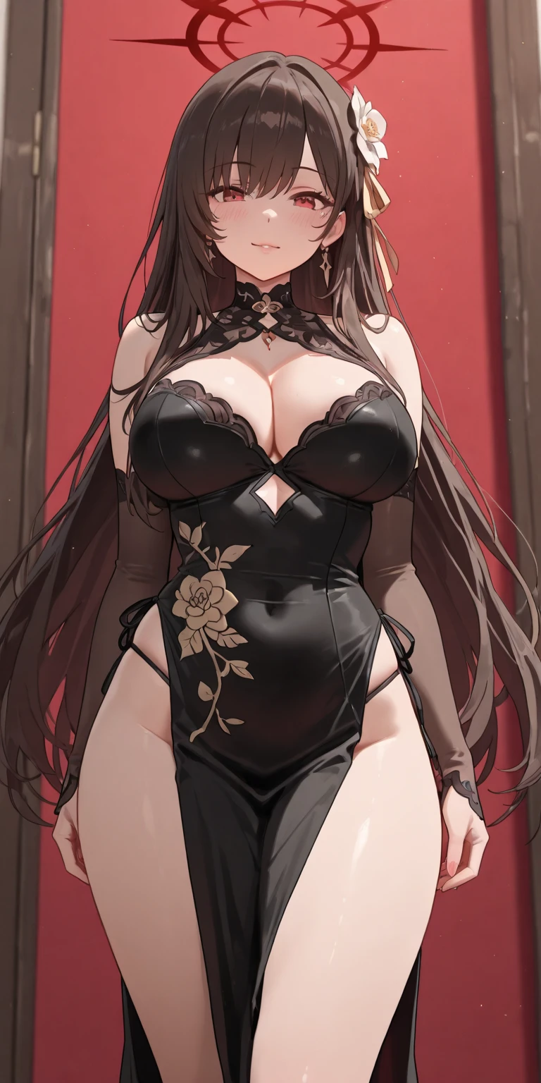 (best quality, masterpiece, highres), (yabby:1.4), yabbystyle artist style, 1girl, solo, brown hair, wide hips, ((large breasts)), <lora:YabbyStyle_01:0.7>, simple background, hair ornament