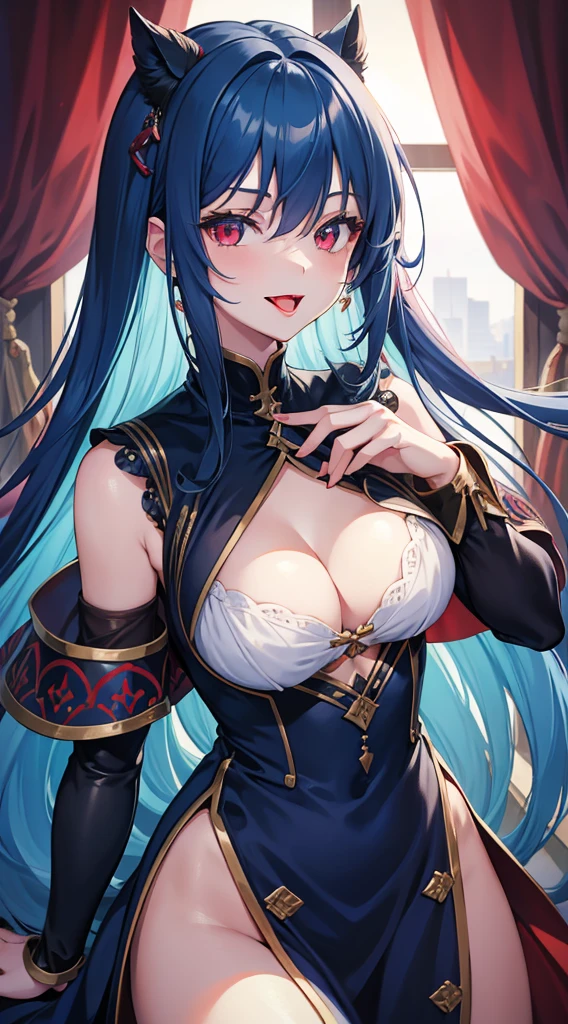 (masterpiece, sidelighting, finely detailed beautiful eyes: 1.2), masterpiece*portrait, 3d face, lustrous skin, (illustration), 1girl, , big breast, dehya\(genshin_impact\) , ((robe)), milf, earrings, long hair, blue eyes, hair between eyes, multicolored hair, dark skin, solo, breasts, sexy, [nude], (white shirt, naked shirt), transparent shirt, long sleeves, partially unbuttoned, partially nude, off shoulder, cleavage, (bare legs), smile, (blush), sitting, sitting on the windowsill, outside the window of the night cityscape, ((night)), indoor, looking at viewer