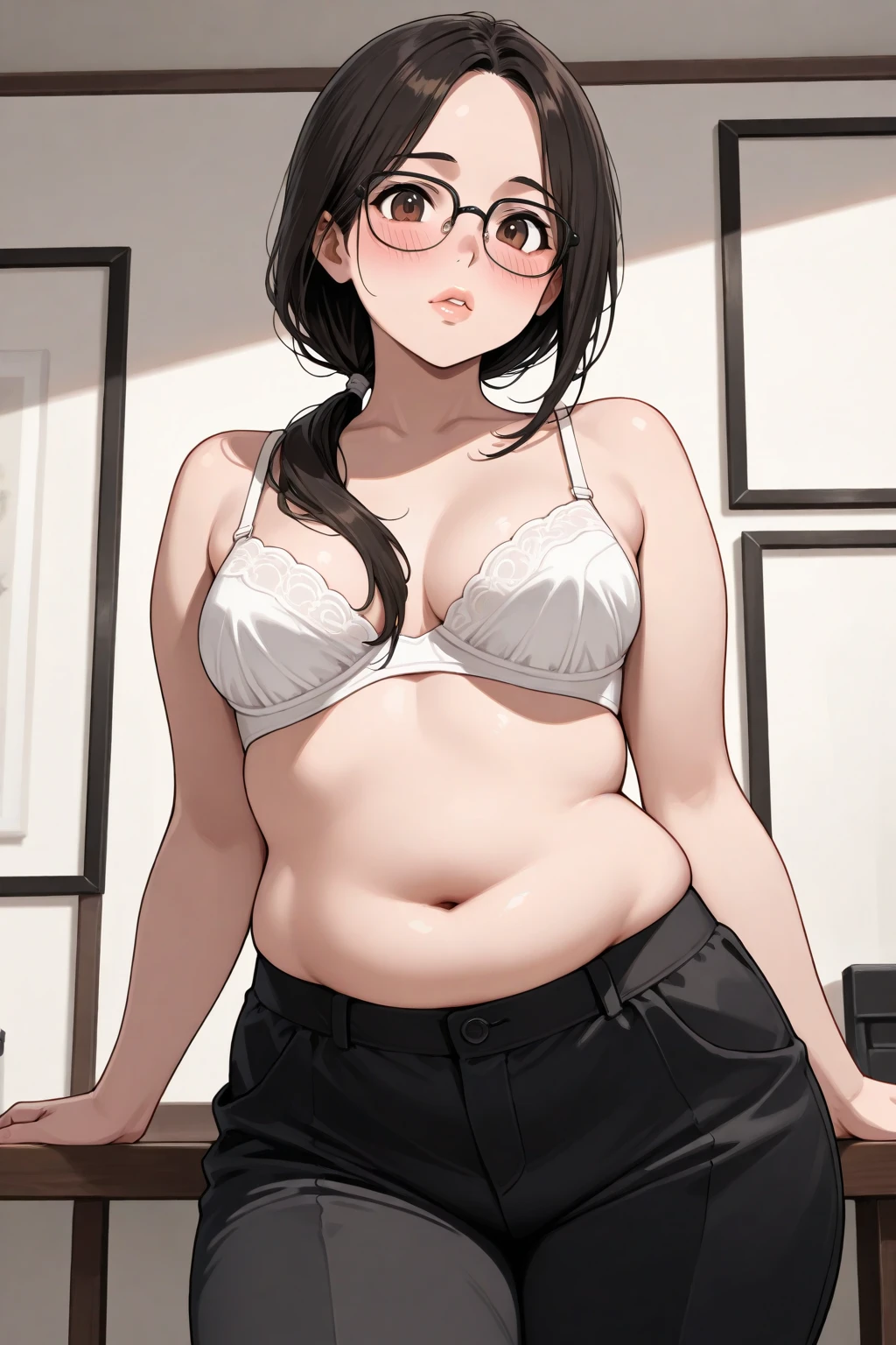 masterpiece, best quality, 1 girl, noble lady, (red bra),(red panties) (brown hair),(long curly hair), (brown eyes),(hair covering one eye), (makeup), (obese), (posing in front of mirror), (grabbing own belly)