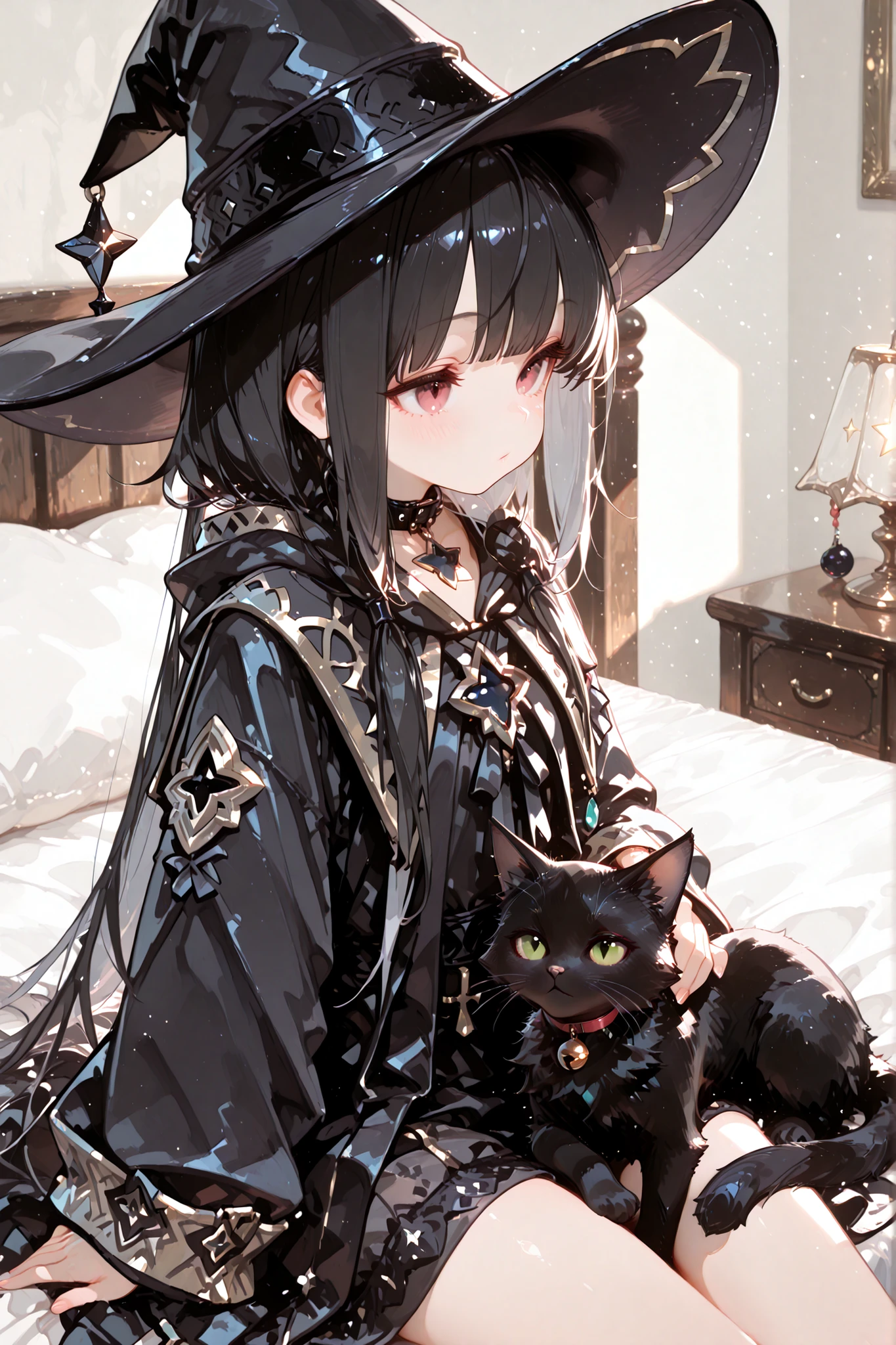 (((Best quality, 8k, Masterpiece: 1.3)), ((best quality)), ((masterpiece)), (detailed), A young wizard girl. She is wearing a black witch hat and black robes. She has a large star-shaped pendant on her chest. She is holding the black cat on her lap, She has an innocent expression. Her familiar is a black cat. The black cat is wearing a collar with a bell. ((Black cat)), She is sitting on the edge of the bed, The black cat yawns on her lap