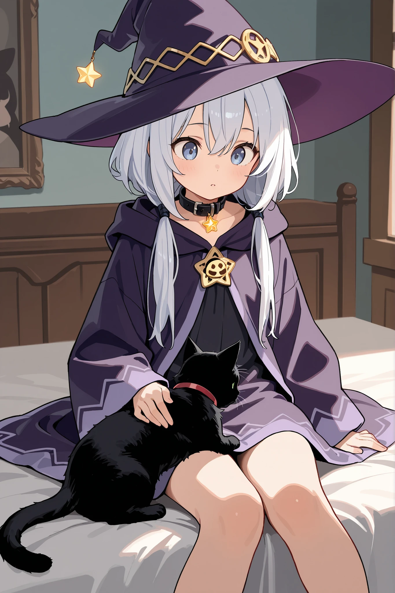 (((Best quality, 8k, Masterpiece: 1.3)), ((best quality)), ((masterpiece)), (detailed), A young wizard girl. She is wearing a purple witch hat and purple robes. She has a large star-shaped pendant on her chest. She is holding the black cat on her lap, She has an innocent expression. Her familiar is a black cat. The black cat is wearing a collar with a bell. ((Black cat)), She is sitting on the edge of the bed, The black cat yawns on her lap