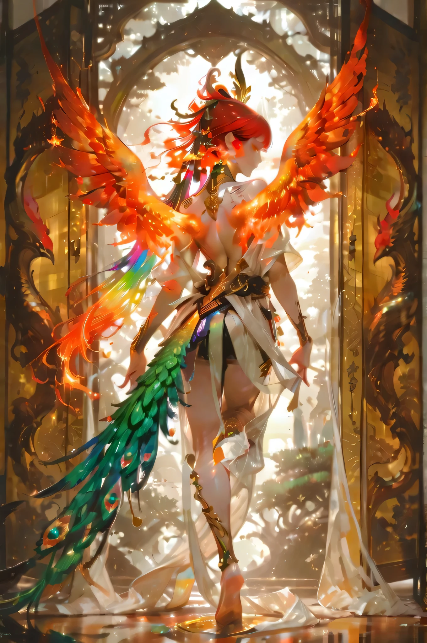 A full-body depiction of a young woman inspired by a phoenix, floating in mid-air. She bends her body, curling slightly into a rounded pose, with one leg extended downward. She tilts her head gently while gazing toward the viewer. Her outfit is made of layered, feather-like textures, resembling phoenix plumage, elegant yet with slightly more skin revealed. Behind her are large, fiery wings spreading dynamically, glowing in shades of red and orange with iridescent rainbow highlights. Flowing from her back is a magnificent peacock-like flaming tail, each plume shimmering with fire and subtle rainbow reflections. Semi-realistic style, reminiscent of Japanese bijin-ga beauty paintings. Background is a simple golden surface, resembling a gold-leaf folding screen with faint seams. Muted contrast overall for an elegant and ethereal atmosphere.
