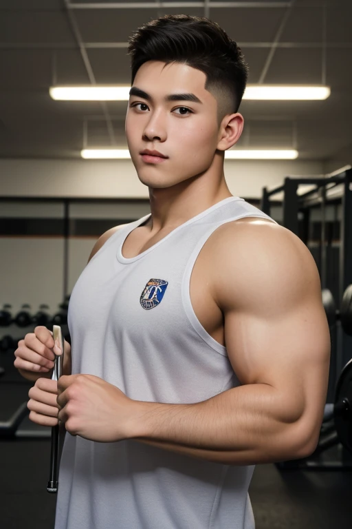 masterpiece, best quality, high resolution, realistic, handsome, photogenic, syahnk, SFW, a photo of a 35 year old frat (man:1.2) portrait, , military press, weights, stunning , short buzzcut hair,stubble head , (hypermuscle),looking at the viewer, flirting with the camera, charming, (tight white gym shirt ),(GS-Masculine:1), 8K UHD , ยืนในห้องอาหาร