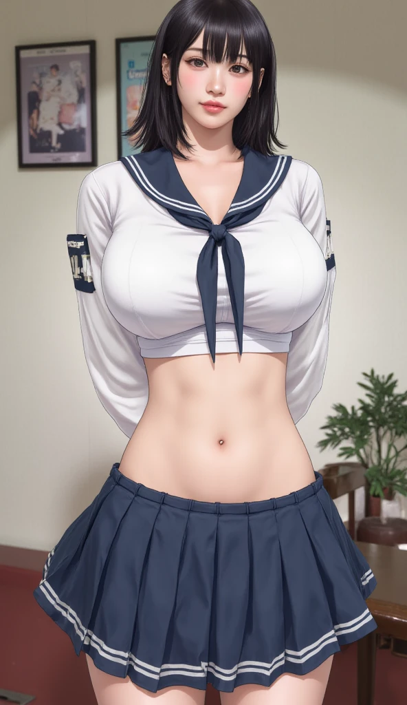 (High resolution),(Perfect Anatomy),From the neck down,NSFW,1 female,Skinny body,short hair,Ultra High Quality,masterpiece,No underwear,No skirt,A woman wearing a sailor suit with large breasts,No skirt,Underboob,Beautiful Abs,Firm Abdomen,High heels,Thigh-high socks