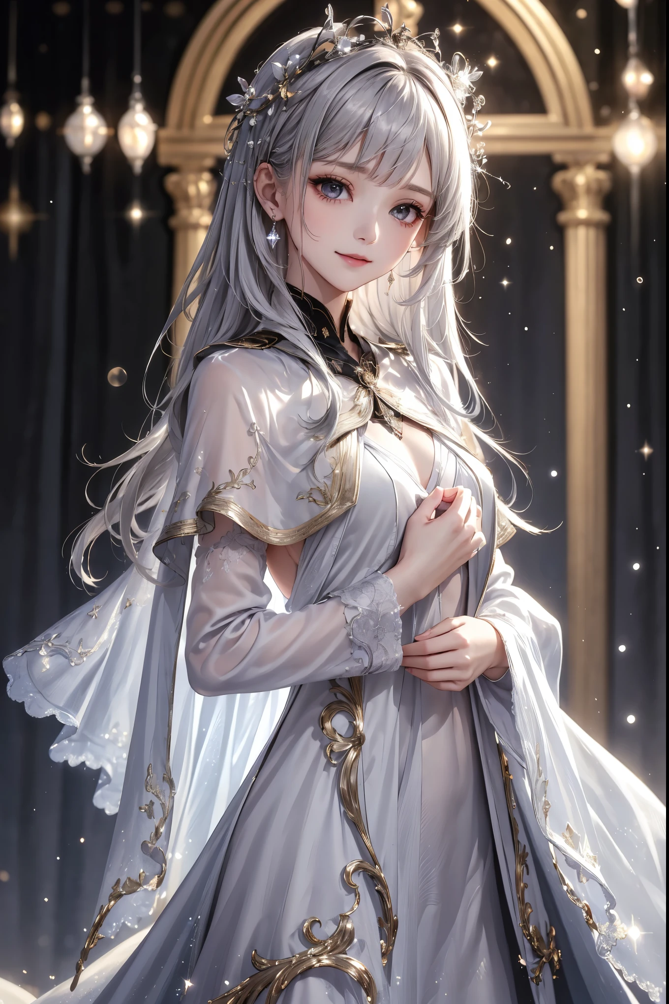 ((upper body:1.3))(masterpiece),(4K),high quality,(small breasts),sexy girl、Sexy Saints , Long Silver Hair ,My skin is white,smile, Beautifully detailed gray eyes, ( high-definition and elegant ),( White Capelet Fashion), magical color and atmosphere, detailed skin from sleeve to chest,(Cute sparkle), Particles of Light, The background is softly blurry , Adds a dramatic and symbolic element to the scene, Explanatory border in front of the large end, Bokeh, silky touch , see-through silk, soft, Lightweight clothing、beautiful and neat face、see-through 、 hyperdetail,creates a dreamy elegant atmosphere