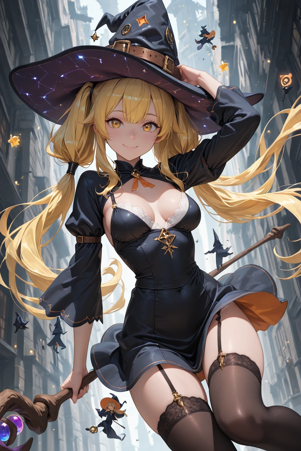 (((Masterpiece))), (((Best Quality: 1.4))), ((Super Detail: 1.4)) , hyper detailed painting of a female Metallia, one girl, hyper detailed face features, expressive face, detailed textures, natural skin shader, volumetrics, warm undertones under her skin, ultra High resolution. long blond hair ,witch hat with an purple eye, twin braids, slim sexy body, green eyes, naked, vaginal or anal sex with a huge dildo, cum inflation.