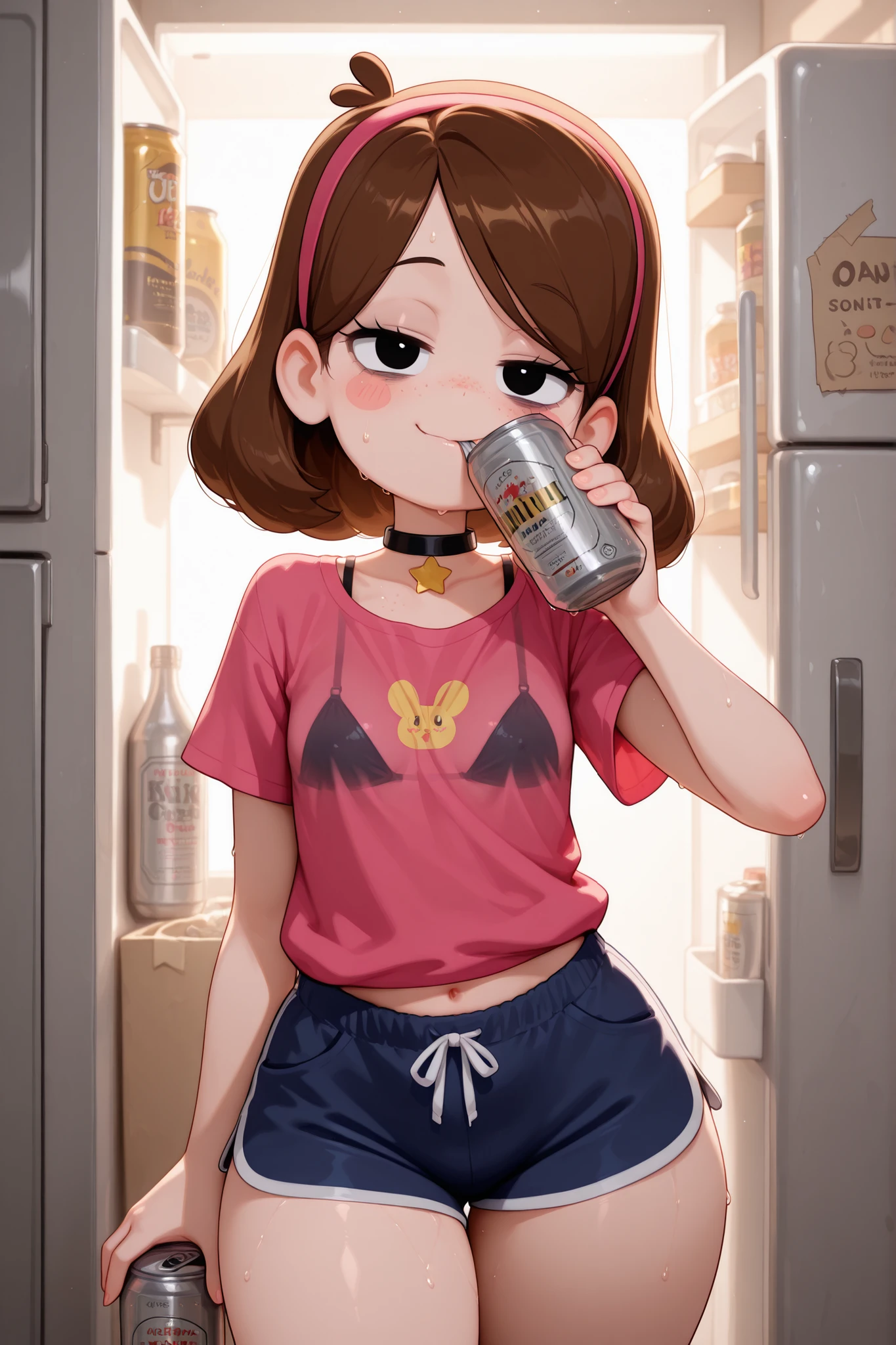 Mabel Pines, blush stickers, brown hair. black eyes. half-closed eyes, small breasts, huge hips. long eyelashes, choker. | masterpiece,best quality,amazing quality, 1girl, bags under eyes, underwear, can, long tshirt, freckles, solo, shorts, looking at viewer, short hair, refrigerator, beer can, holding can, black bra, holding, mouth hold, sweat, underwear only,