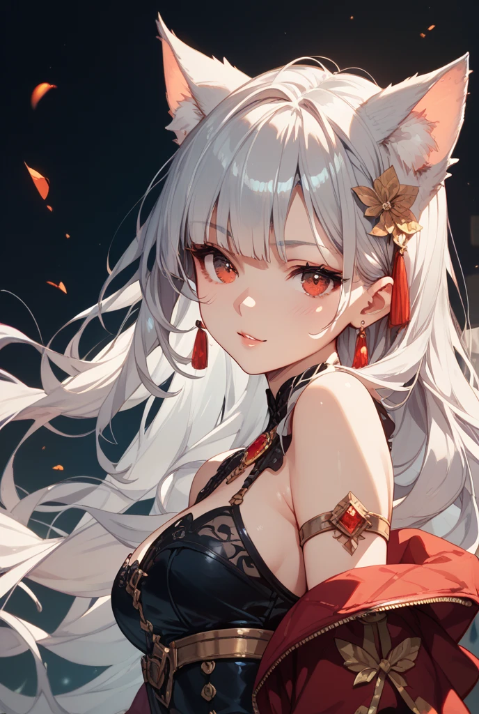 Ultra high definition。Full body drawing is required。Sitting flat。Enraged, he turns his face away。Red shoulder-baring kimono。Emerald Cyberpunk World Background。Side camera high angle bust zoom up。Mature Woman。White hair with fox ears。Emphasize cleavage。Earrings。necklace。brooch。Many hair accessories。