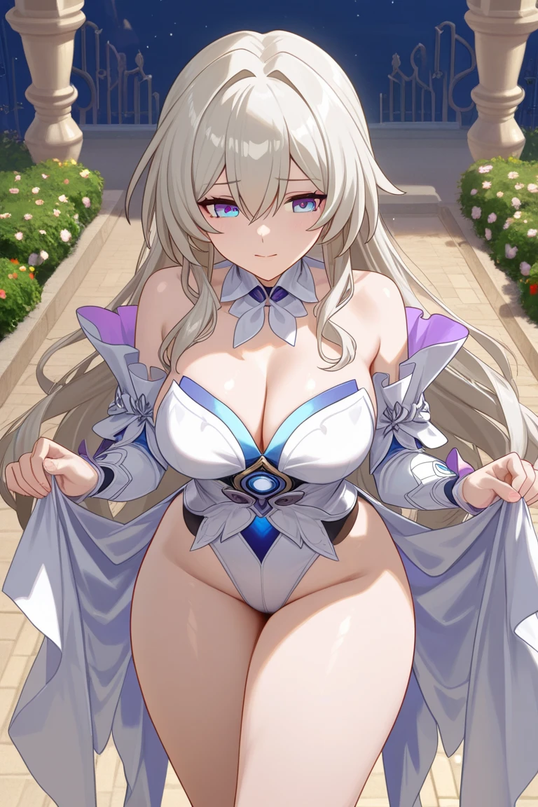 Elf, Pointy Ears, Brown Skin, Purple Eyes, Thick Twin Tailed Hair, Long Straight Hair, Huge Breasts, Wide Hips, Royal Queen Dress,
