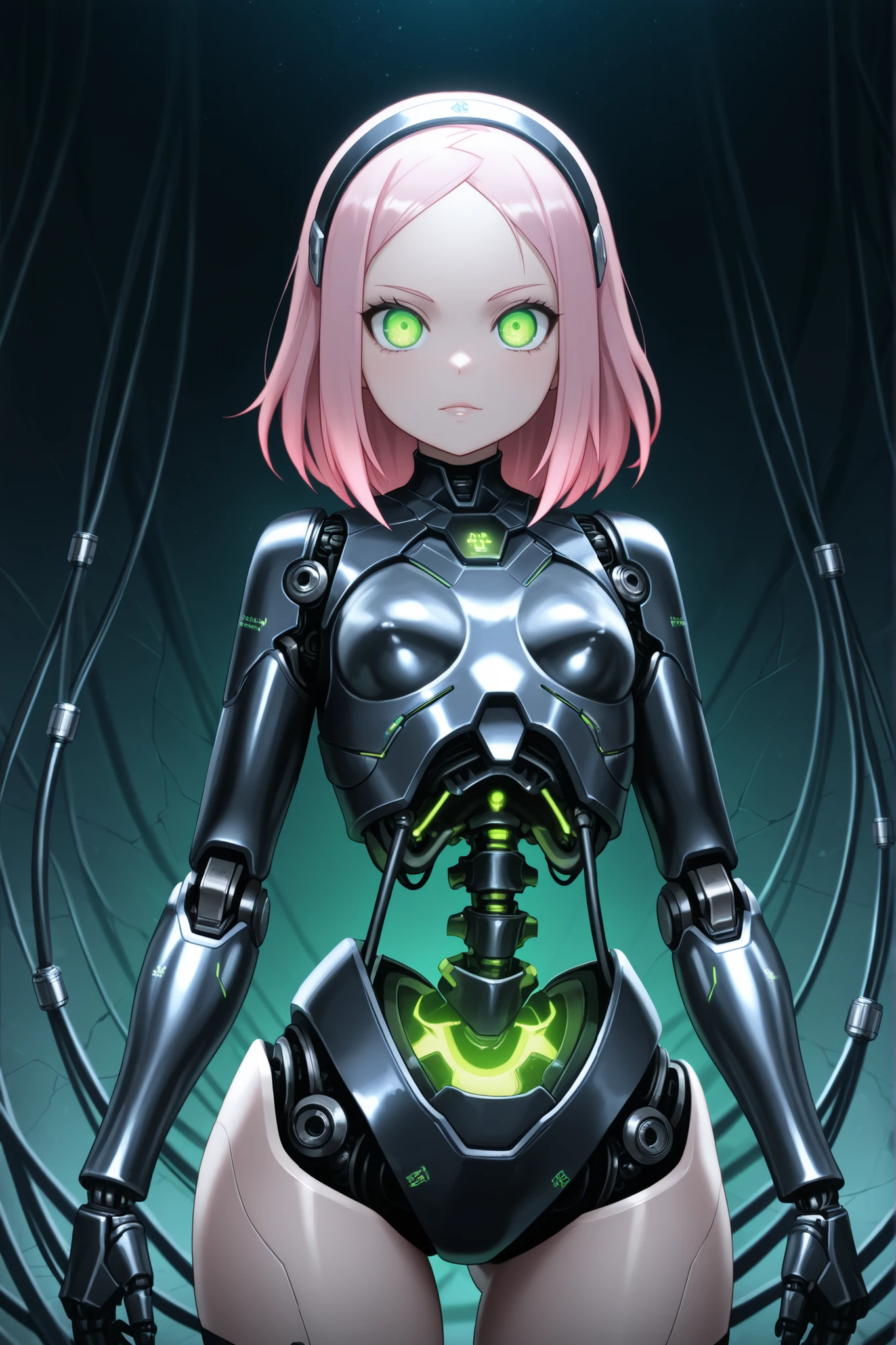 Sakura Haruno. small breasts, huge hips, pink hair, medium hair, light green eyes, thin lips, very fair skin, big forehead. | Dark Moody Atmosphere, cybernetic robot highly detailed, complex intricate details, masterpiece realistic photography, Necron queen, Egyptian princess with robotic metal skeleton body, metal skull face, metal cable hair, masterpiece octane render, delicate lines, green glowing eyes, shattered metallic tombs in background, android, AI, machine, metal, wires, tech, futuristic, highly detailed, dramatic, mysterious, dark moody atmosphere.