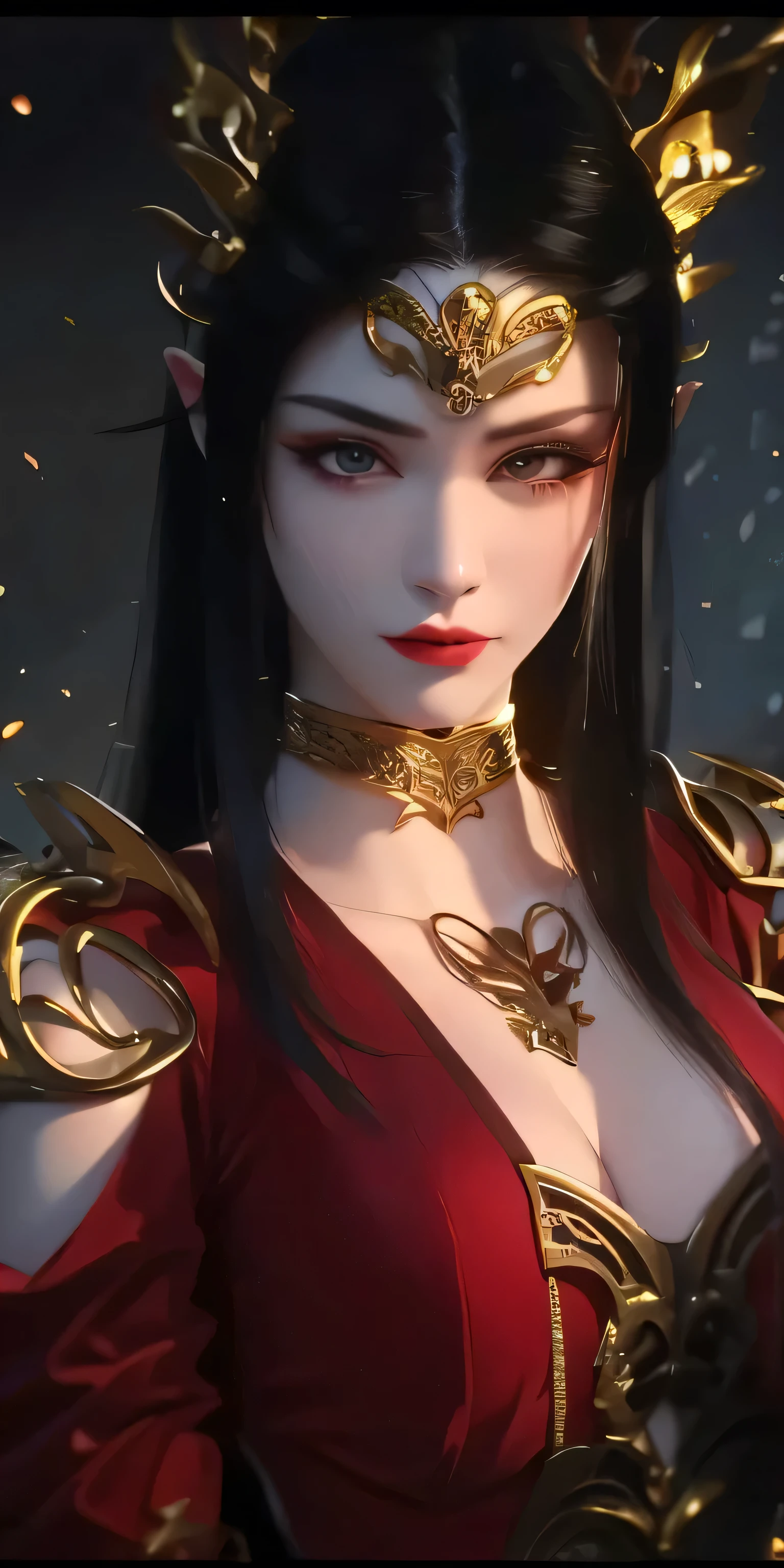 1girl, medusa, red clothes, black hair, full body, look at camera,, smile,realistic, ultra detail,