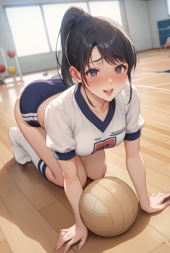 nsfw,highest quality、In 8K、masterpiece、Hmph、超A high resolution、RAW Photos、(Photorealistic:1.3)、Natural soft light、(Depth of written boundary)、Slender、(whole body:1.2)、From behind、Detailed face and eyes、Realistic students、Sharp pupils、Inside the gymnasium storehouse、(Dynamic action poses、play volleyball)、Beautiful Face、Beautiful girl of 36 years old、Glowing Skin、ponytail、Beautiful black hair、Red Eye、(blush:0.7)、Embarrassed face、Sweat、Volleyball Uniforms、(Thighs Thighs Thighs Thighs:0.8)、Hips、(Huge Breasts:1.2)、Grabbing her chest、Erect nipples:1.2、Small nose、Small Nose