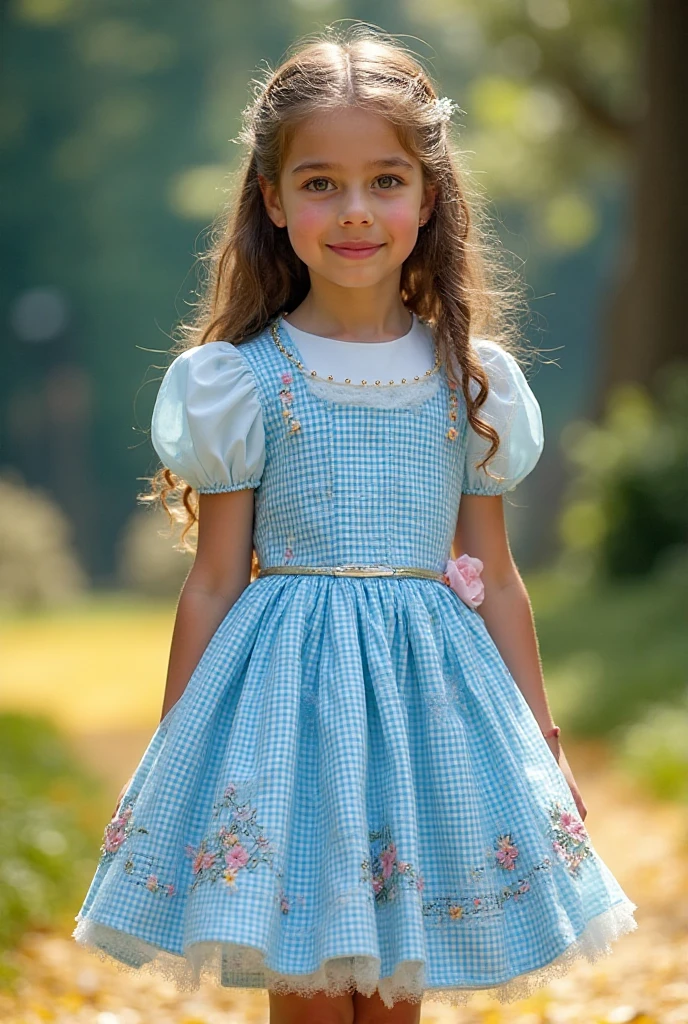 7 year old girl, brown hair, wearing a blue cute lace dress, in a backyard garden