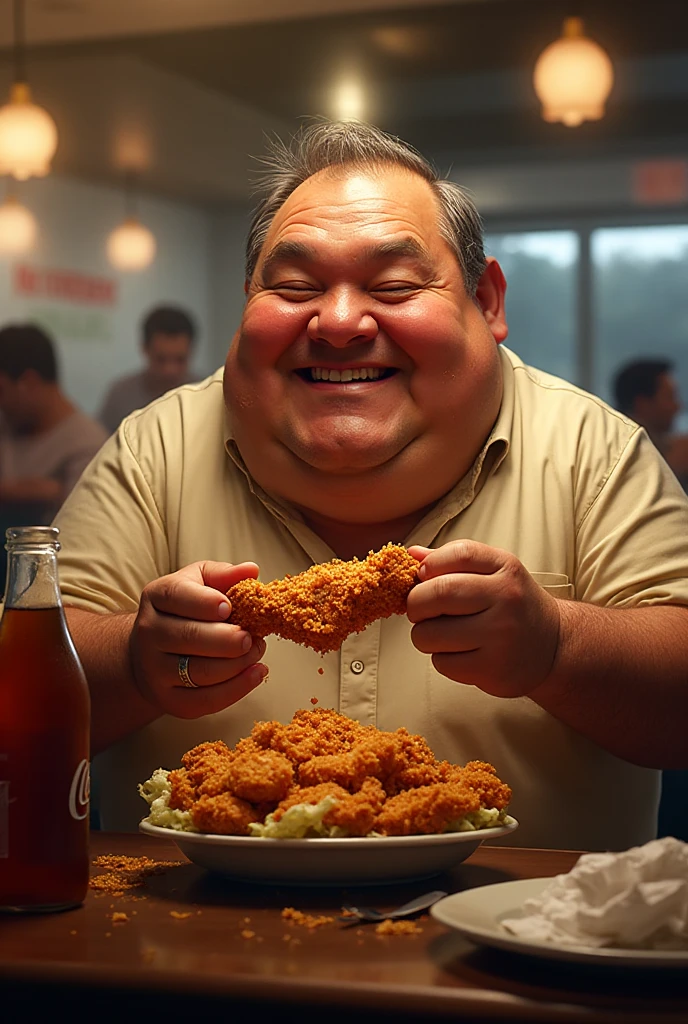 Filipino fat
man mukbanging cheesy mac and church's chicken
