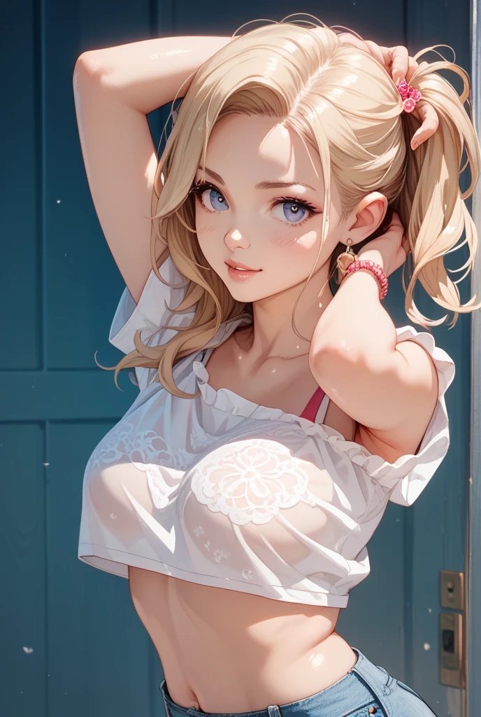 Highest quality, masterpiece, Ultra-high resolution, (Realistic:1.4), Beautiful woman, Open your mouth, Green V-neck T-shirt, Cleavage, Greenlee Jeans , Small breasts, Erect nipples, Curvy waist, Slim abs, Shiny skin, A captivating smile, bokeh, smile, ((Taking off jeans)), ((bionde)), ((One-length haircuts)), ((ponytail)), ((White lace panties)), (((Lift up your shirt, White lace bra, Beautiful breasts)))