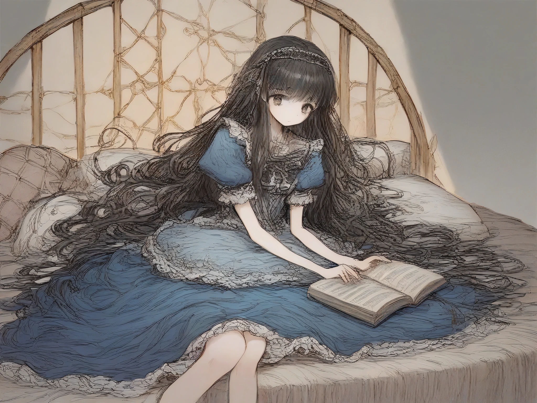 anime girl sitting under a bed reading a book, anime girl named Lucy, inspired by a girl With long, flowing black hair that cascades down her back, Her mysterious aura adds to her charm, making her an unforgettable character, anime princess, blonde anime girl with long hair, in anime style, Alice's sister, cute anime girl, loli in a dress