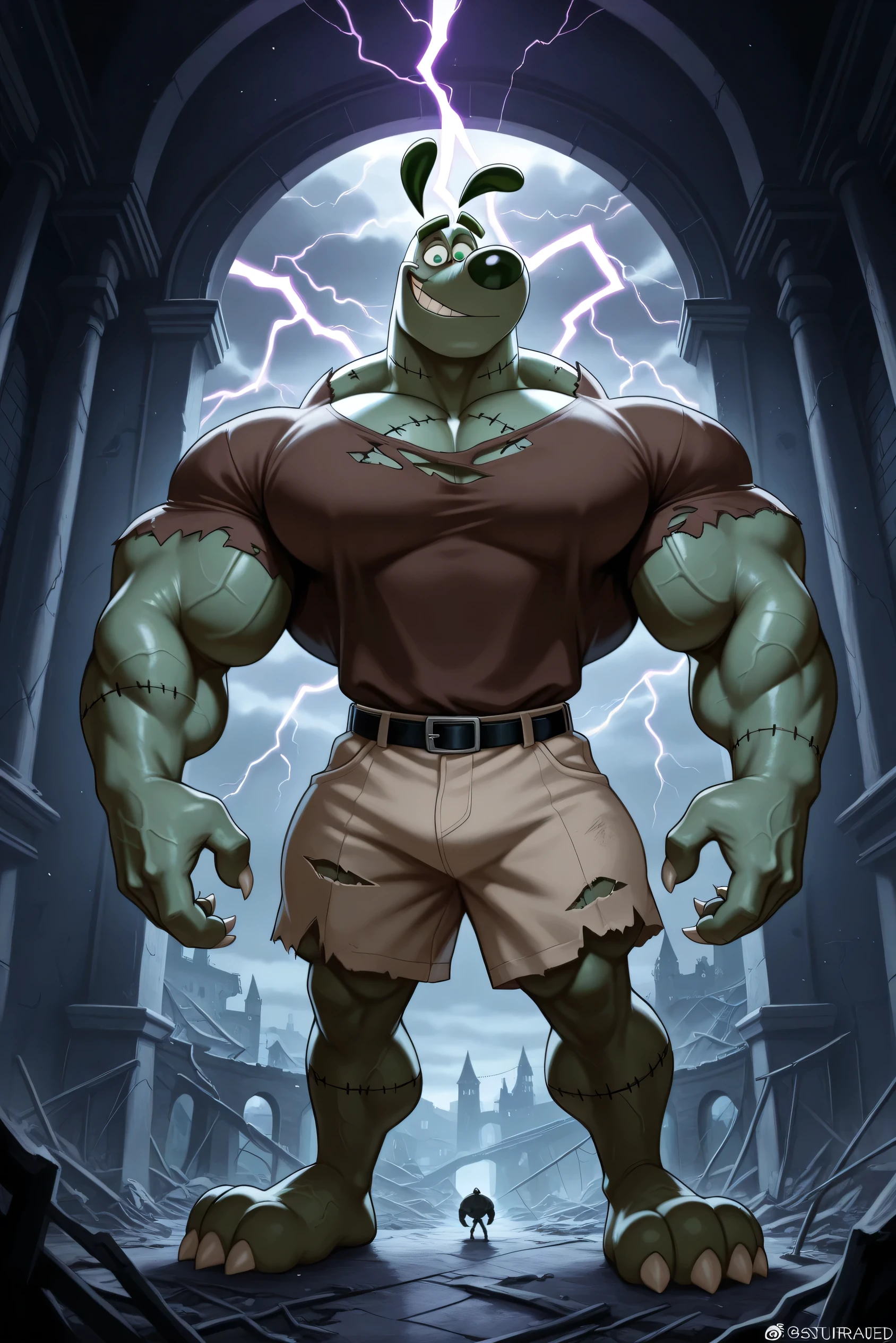 Masterpiece, best quality, high quality, detailed, Dudley Puppy, giant strong muscular frankenstein monster, stitches on the body and pecs and arms and his face and neck, scars, veins, bigger nuts in the neck, male, solo male, 1boy, broad shoulders, mature male, green eyes, purple dark circles on his eyes, drooping eyes, athletic build, muscular male, dark green ears, dark green eyebrows, dark green nose, animal ears, saturaded green body, big green eyebrows, ripped dark brown shirt, round snout, full body, ripped gray shorts, macro size, giant monster, indoors, abandoned castle interior background, night storm, cloudy grey sky, thunderstorm lightning, looking at viewer, powerful smiling, sharp teeths and claws, saturaded colors.