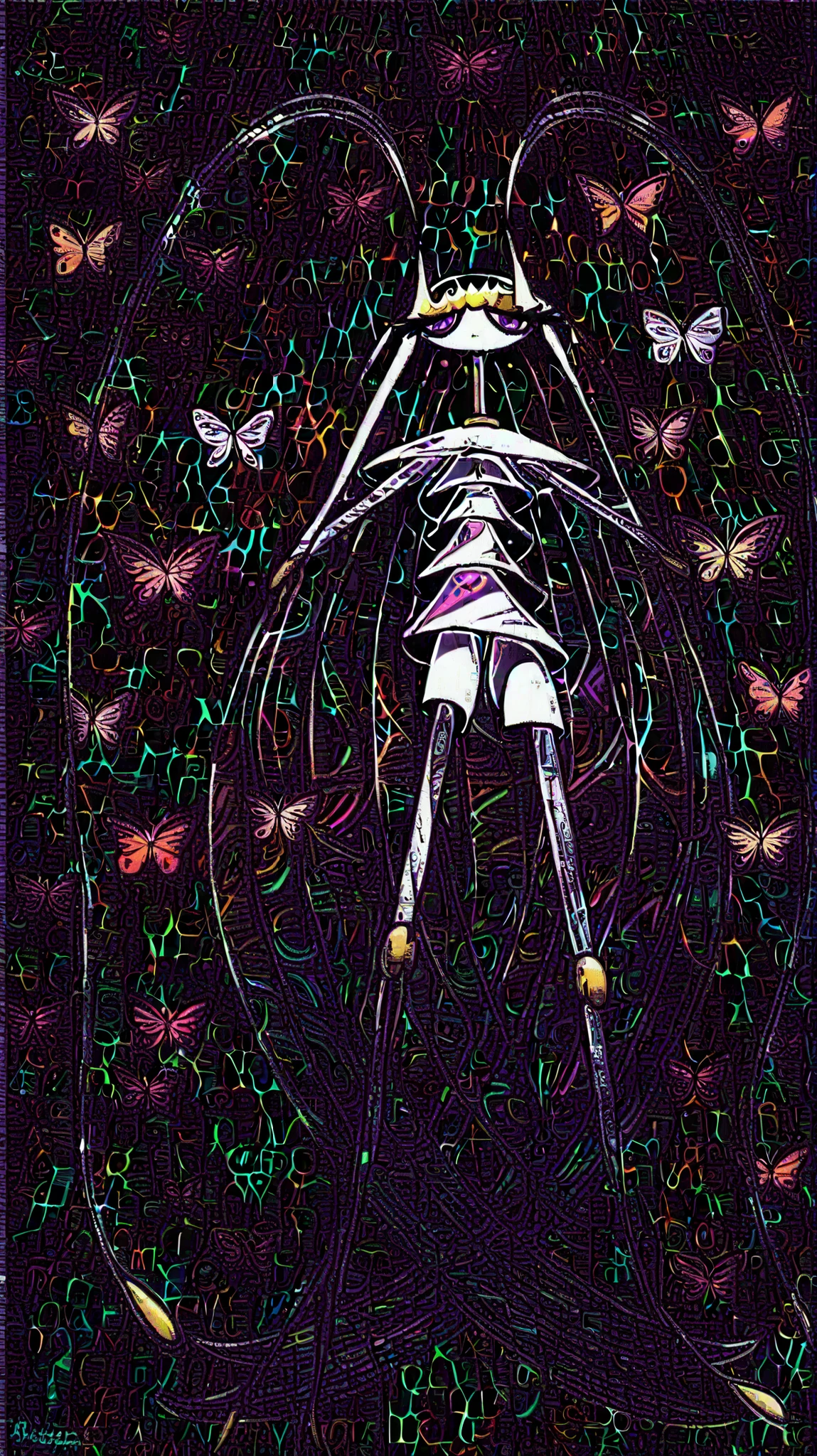 （(Colorful butterflies with gorgeous ornaments and flowers on black background)）,  ((pheromosa)),(harmony of butterfly), Butterfly, intricate digital painting, (mechanical butterfly), highly intricate and colorful, dark but detailed digital art, Highly detailed symmetry, detailed digital artwork, Symmetrical intricate details, plethora of colors，colorful intricate masterpiece,
 （Sticker style：1.5）,(Geometric pattern background:1.5)，frontage、Sticker style,((over view)),(red light particle),