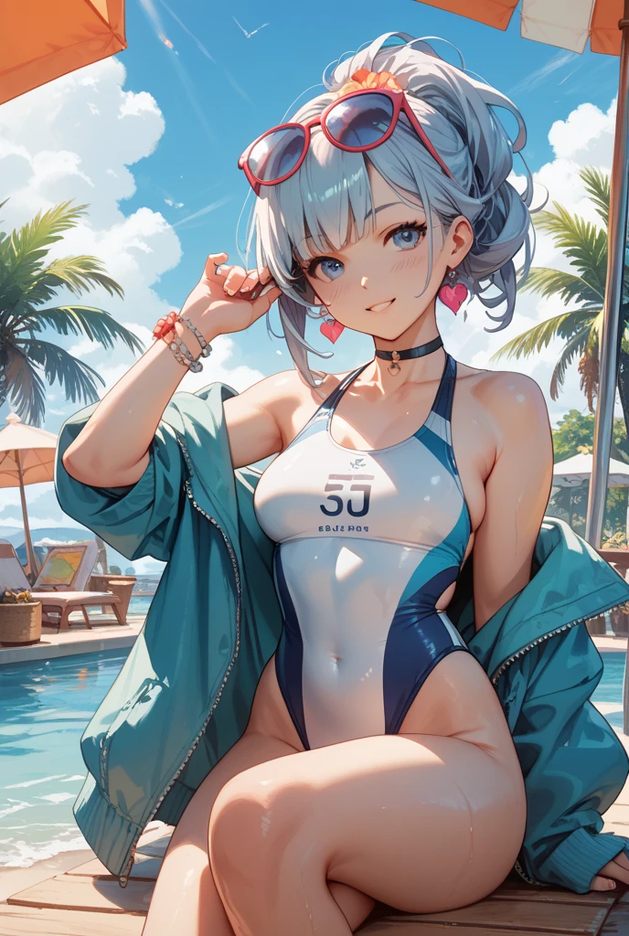 Top quality 8K UHD、pieces fly、cute eyes、Glasses、White competitive swimsuit、White latex high neck competitive swimsuit、white metallic high neck swimsuit、Glasses、short hair、Glassesをかけた短髪の銀髪美女、wet skin、from the chest up、put your hand on your waist