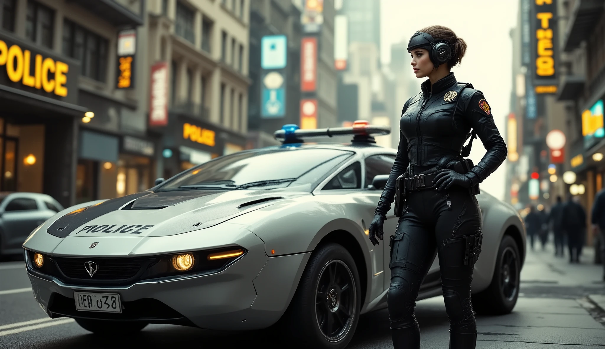 
science fiction, concept art, Syd Mead style, from front a police woman pilot standing next to futuristic scifi antigravity Hover "POLICE" Car of the future, digital render, before in front of the futuristic "POLICE Station" front in the street futuristic city, wide angle, black silver and light brown beige ratio , Syd Mead style