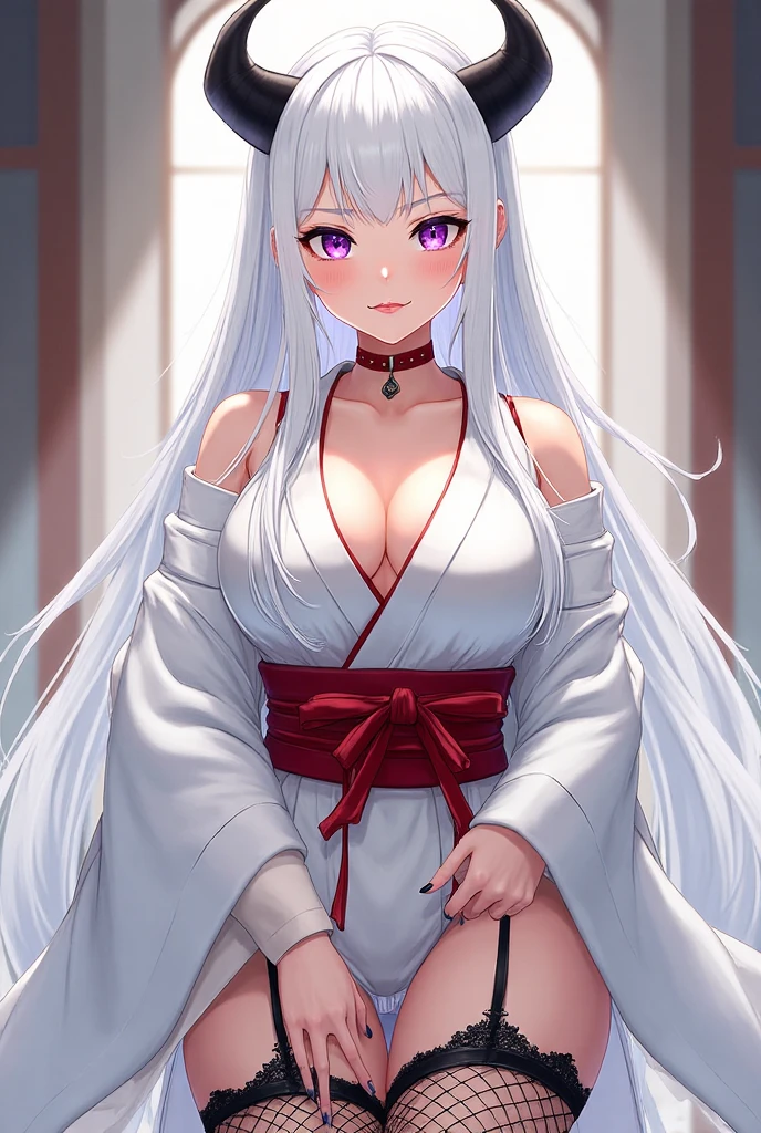1girl, bangs, bare_shoulders, breasts, cleavage, collarbone, horns, japanese_clothes, leaning_forward, long_hair, looking_at_viewer, medium_breasts, off_shoulder, oni, oni_horns, parted_lips, red_kimono, silver_hair, solo, thigh_gap
