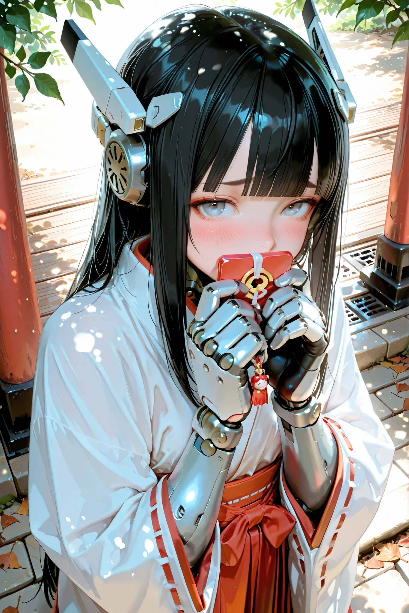 score_9,(masterpiece, best quality, dynamic angle), Best Quality,8k, 1girl,18years old,cute,(kawaii),blunt bangs, long black hair, long side hair, miko girl, light gray eyes,
BREAK
(holding a small square omamori charm with both hands:1.3), covered mouth with omamori,cute thick round eyebrows, white juban and red hakama,(shy:1.2),unstable expression ,moist eyes,blushing, bright summer sunlight, clear refreshing day, hair fluttering, traditional Japanese shrine background, soft lighting, delicate atmosphere, heartwarming scene, dappled shade, scattered leaves on ground, gentle light filtering through branches,
break,
(mechanical skin:1.2),white mechanical head gear parts,white mechanical skin,(white mechanical arms,white mechanical hands:1.2),mechanical joints,
break,
from above,portrait,looking viewer,
