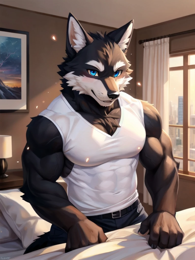 anthropology, wolf, solo, 1 boy, hairy, black and white fur, old-age, hairy, jockstrap , Sweating, Sparkling blue eyes, Big pink‚ with big‚ abs‚ handsome‚ sex, smile, collarbone, pink nipples, nipple piercing, lay one bed, signal to come closer, high quality, look to side, super detail, 1080P, high quality, high quality, best quality, 8k, super detail, 16k