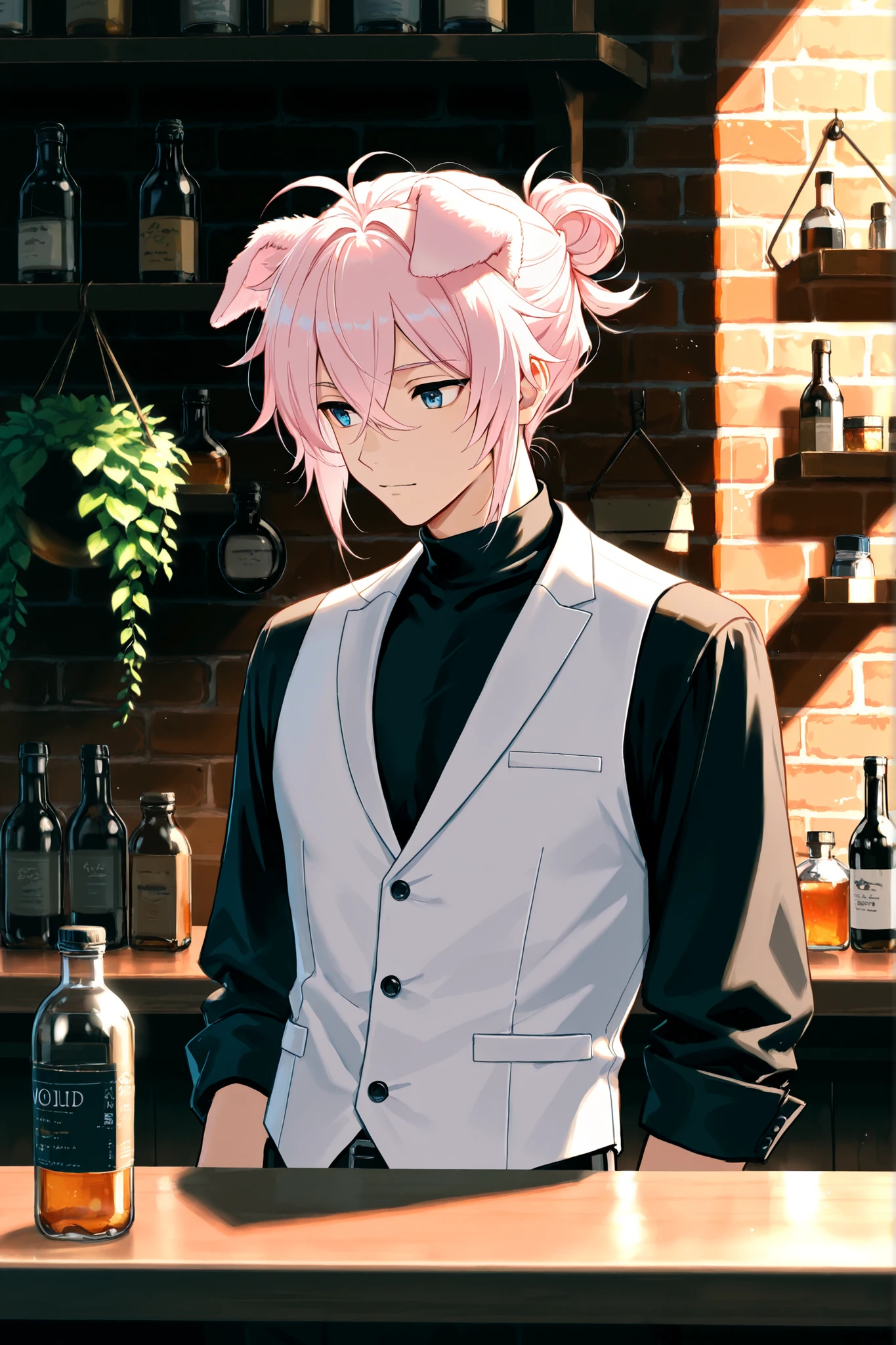 High-resolution Japanese anime style illustration.
A stylish young man with light pink hair, slightly messy with long bangs, and fluffy dog ears on top of his head instead of hair buns.
He is wearing a vivid magenta suit jacket with rolled-up sleeves, over a white vest and a black undershirt.
He has a confident, cool expression, standing behind a bar counter as if preparing a drink.
Background shows a brick wall bar interior with bottles and hanging plants, cozy and modern atmosphere.
Detailed shading, vivid colors, soft lighting, ultra high quality, 8K, masterpiece.