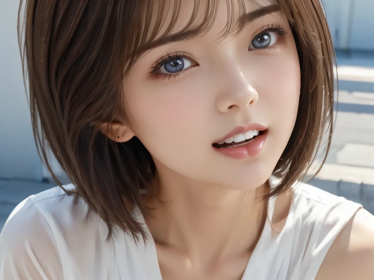21 years old, Russian Race, European race, (masterpiece, highest quality, photorealistic, High resolution, photograph: 1.3), Close-up, Focusing, small face、short cut hair、dark brown hair、 hot models, slim, realな肌, (perfect body, ),  hot face, ,  gaze, slim, Sweat top、Detailed beautiful eyes、small 、glossy lips, outdoor, ((bright light、dynamic lighting、real、超real、 realism、realistic details、background gray、Plain gray background