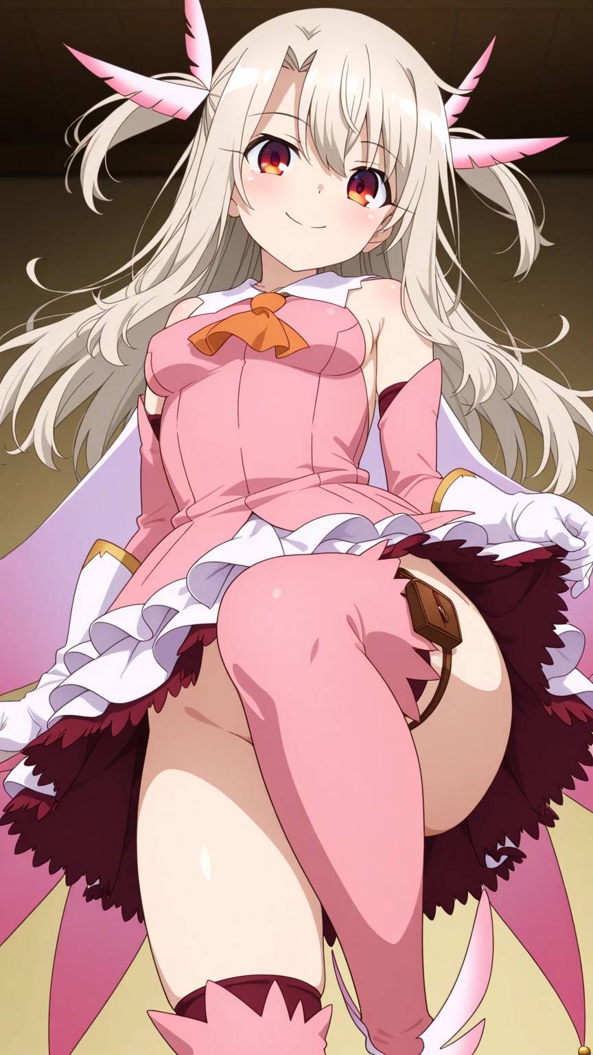 aaillya,long_hair,blonde_hair,red_eyes,hair_between_eyes,bangs,white_hair, illyamagical,magical_girl,two_side_up,hair_ornament,feather_hair_ornament,gloves,white_gloves,elbow_gloves,detached_sleeves,ascot,thigh_boots,thighhighs,pink_footwear,boots,bare_shoulders,cape, 1girl, solo, 9 years old, short stature, Short arms, Short legs, (gigantic breasts, big ass, panties:1.3), blush, ecstasy, pussy line, bed, bedroom,