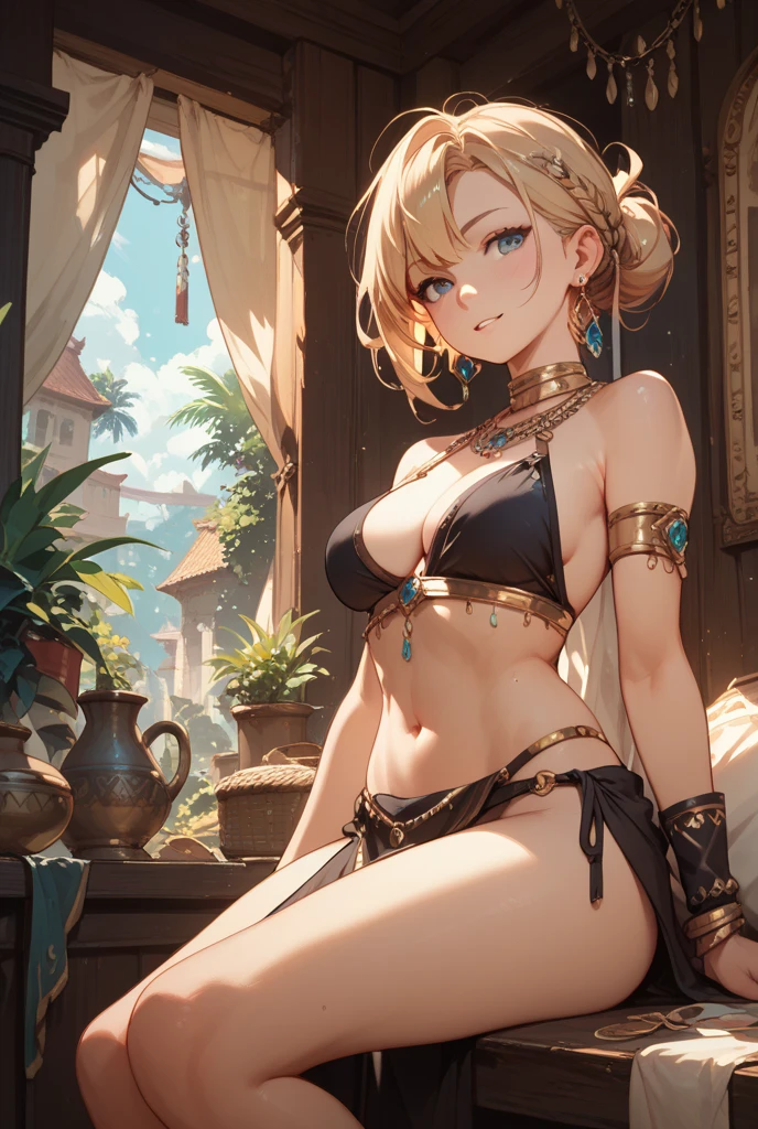 masterpiece, 1girl,bra, skirt, sitting, (gold), pinjent, earings, coins, treasure, money, (golden), ancient, art pieces, no shirt, no pants, wet, egypt,(beautiful scenery),(perfect face), blonde, femine, fruits, grape, hot