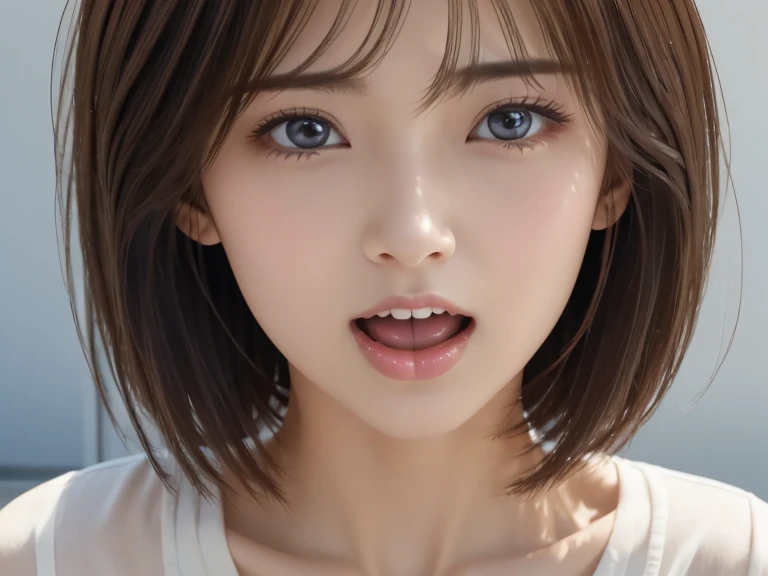 grow、A smile full of happiness、((()))、、、Panting Face、lack、 nightgown、full of sweat、Expressions in a state of excitement、short-hair、、A beautiful Blue eyes、