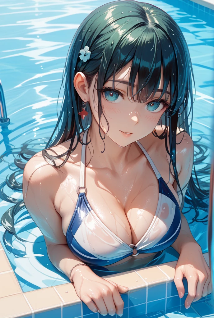 by reiko by 7nu
watercolor
1girl, beautiful, cleavage
shadows, vivid color
A solitary figure, a lone girl, lies peacefully amidst the tranquil blue waters,
eyelashes, bare shoulders, upper body, sleeveless, expressionless, blue eyes, collarbone, sidelocks, depth of field,
best quality,